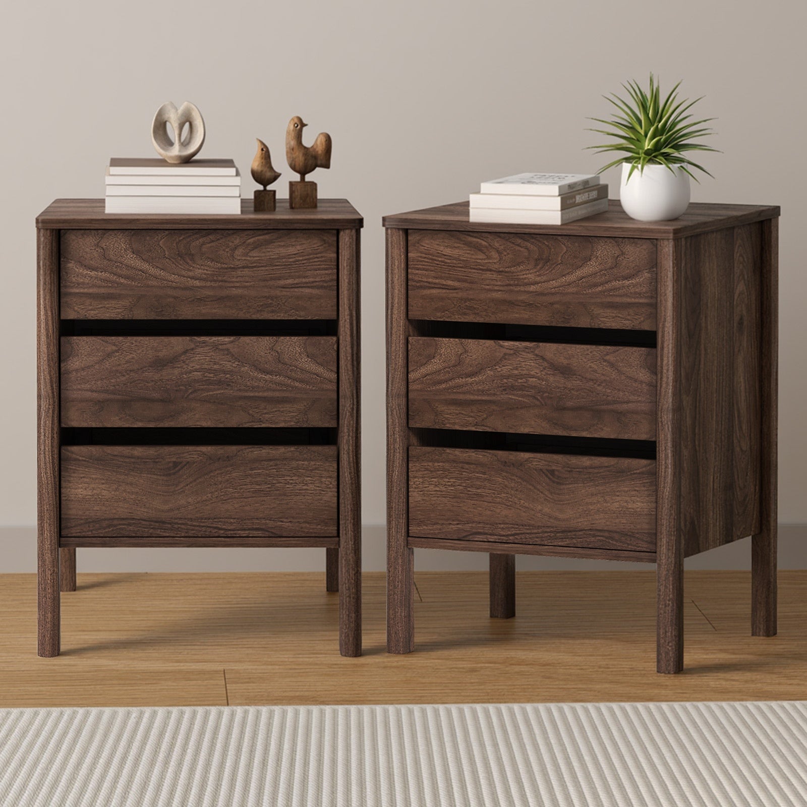 Oikiture 2x Bedside Tables 3 Drawers Side Table Nightstand Handle-free Walnut