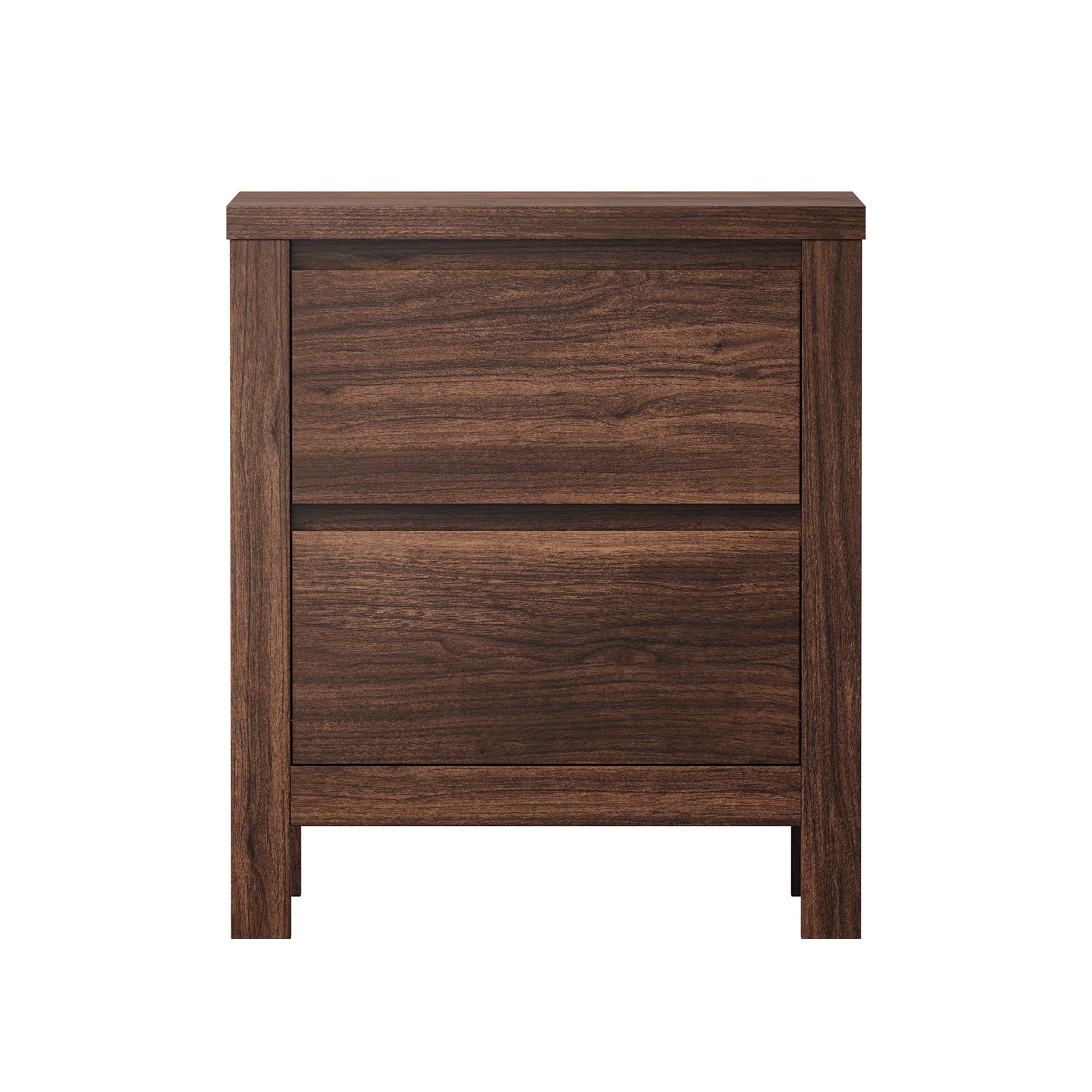 Oikiture Bedside Table 2 Drawers Storage Nightstand Handle-Free Walnut