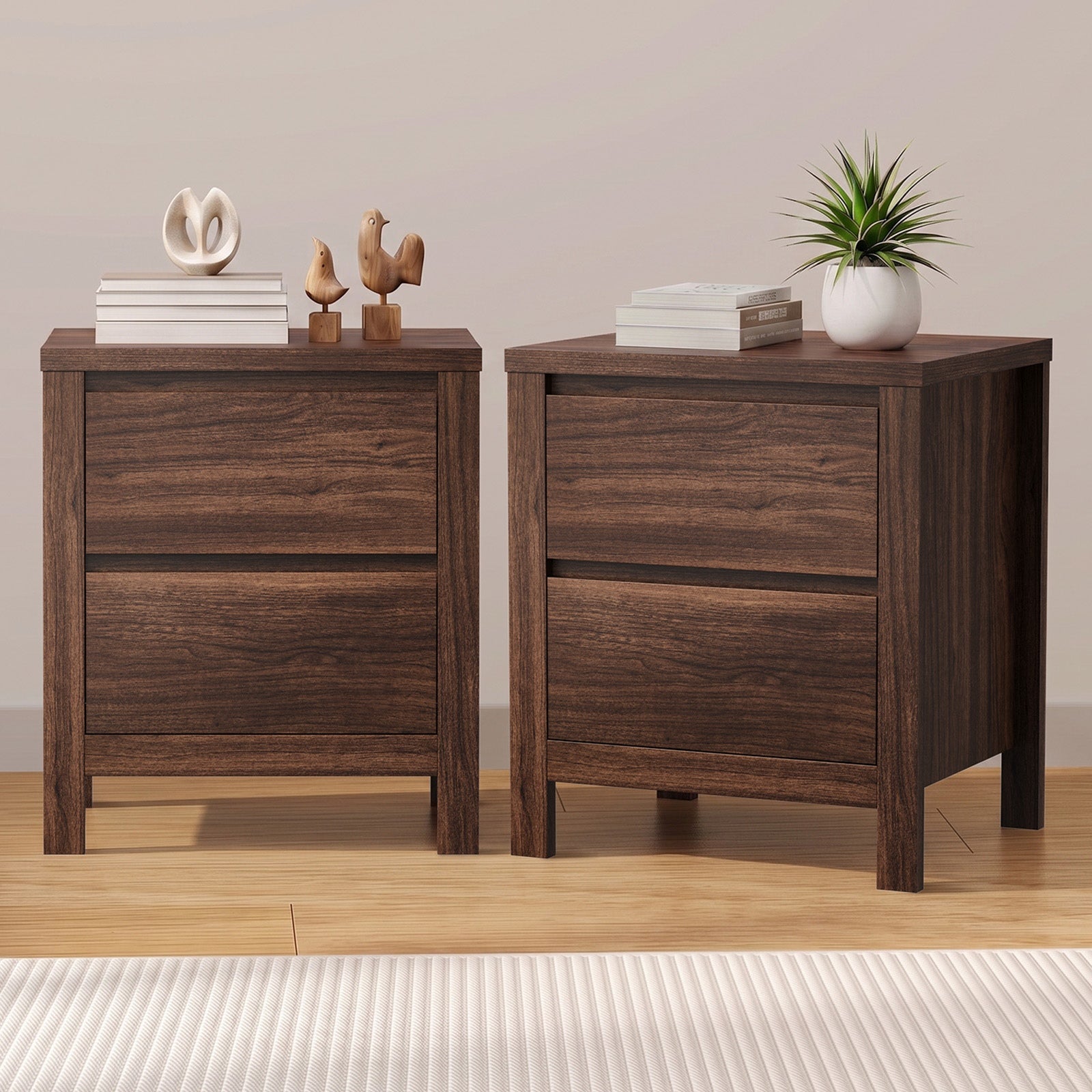 Oikiture 2pc Bedside Table 2 Drawers Storage Nightstand Handle-Free Walnut