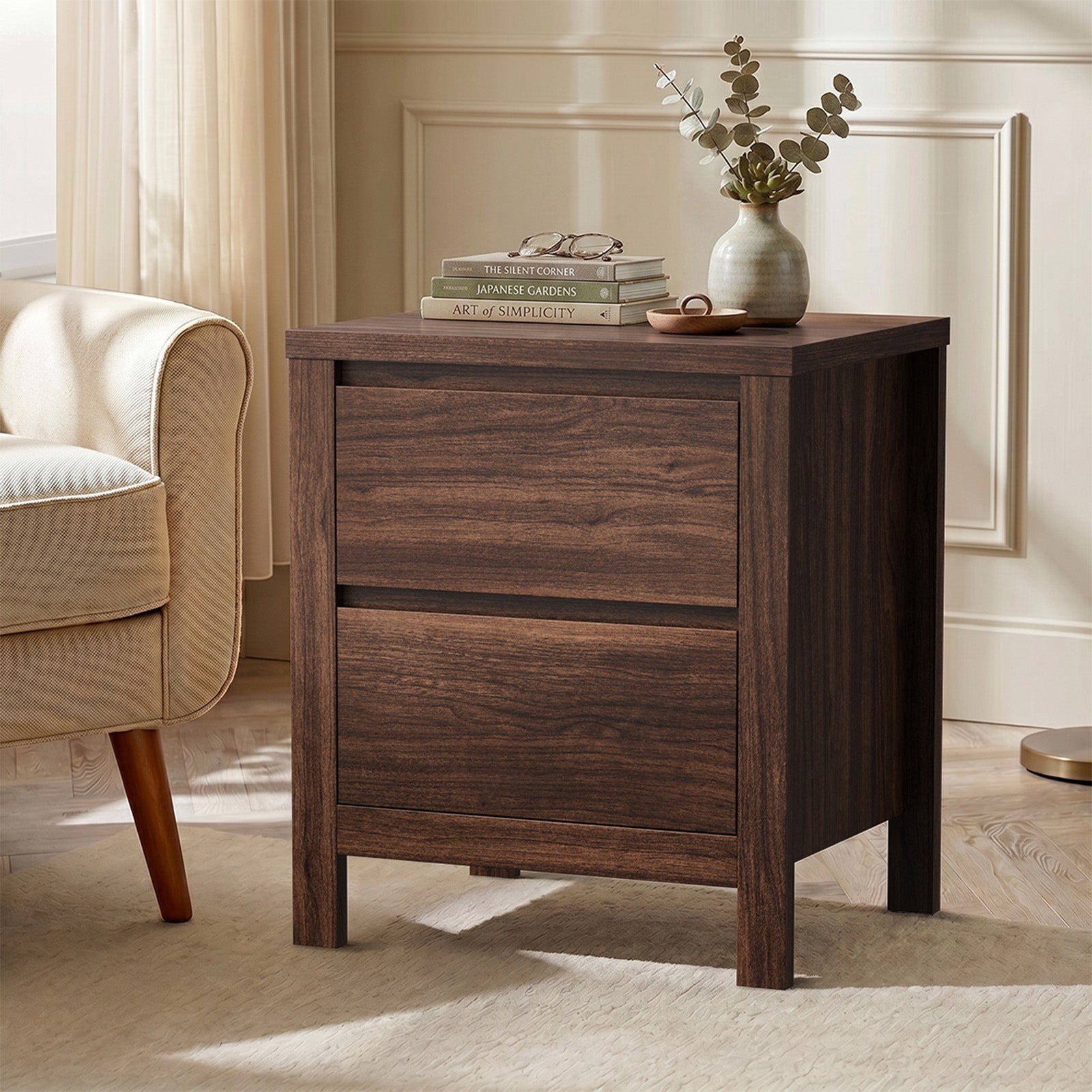 Oikiture 2pc Bedside Table 2 Drawers Storage Nightstand Handle-Free Walnut