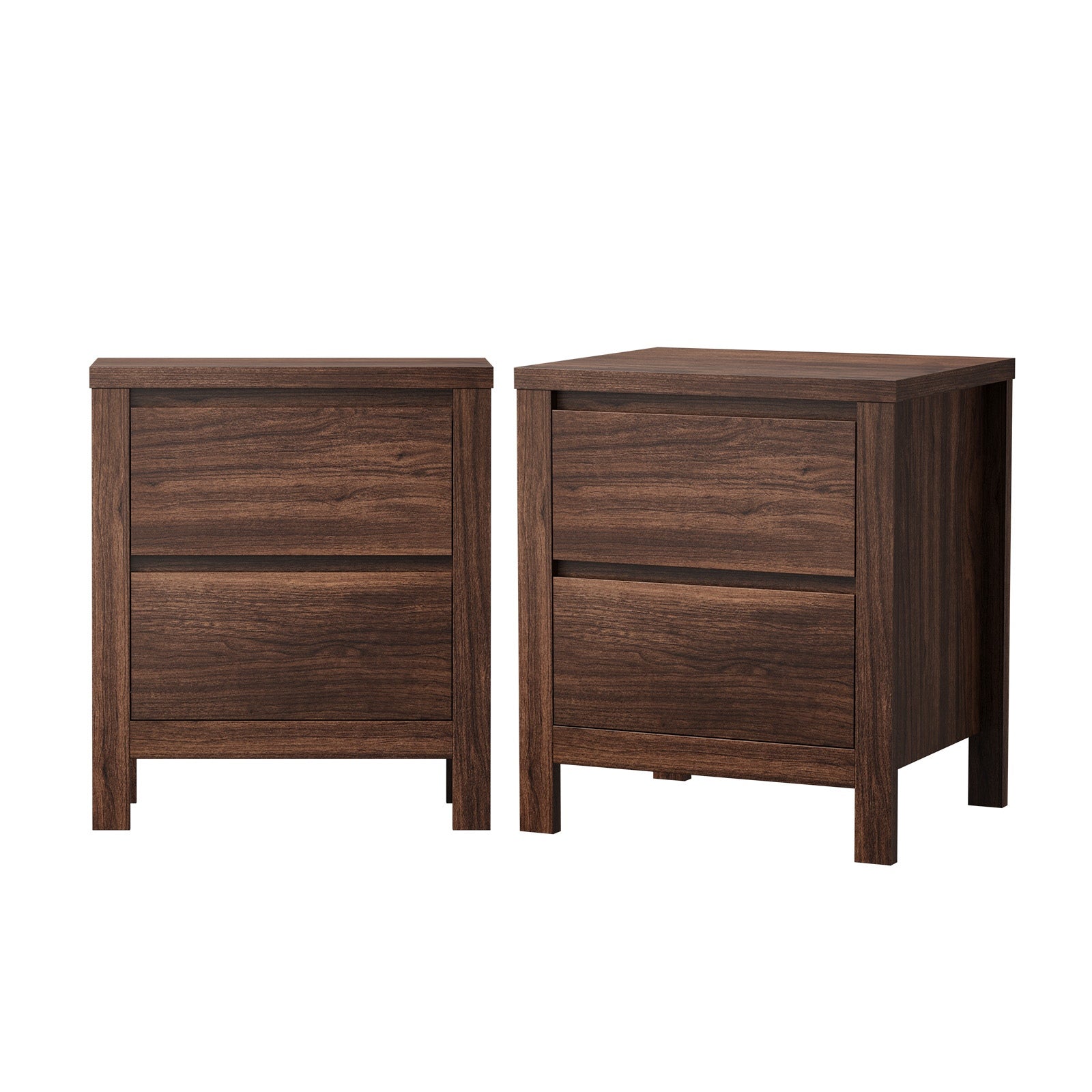 Oikiture 2pc Bedside Table 2 Drawers Storage Nightstand Handle-Free Walnut