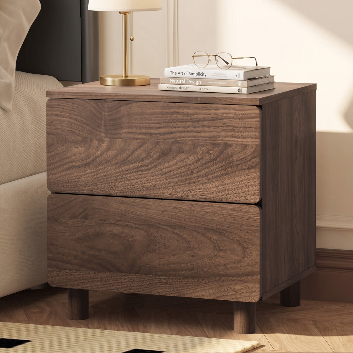 Oikiture Bedside Table Nightstand 2 Drawer Side Storage Handle-free Walnut