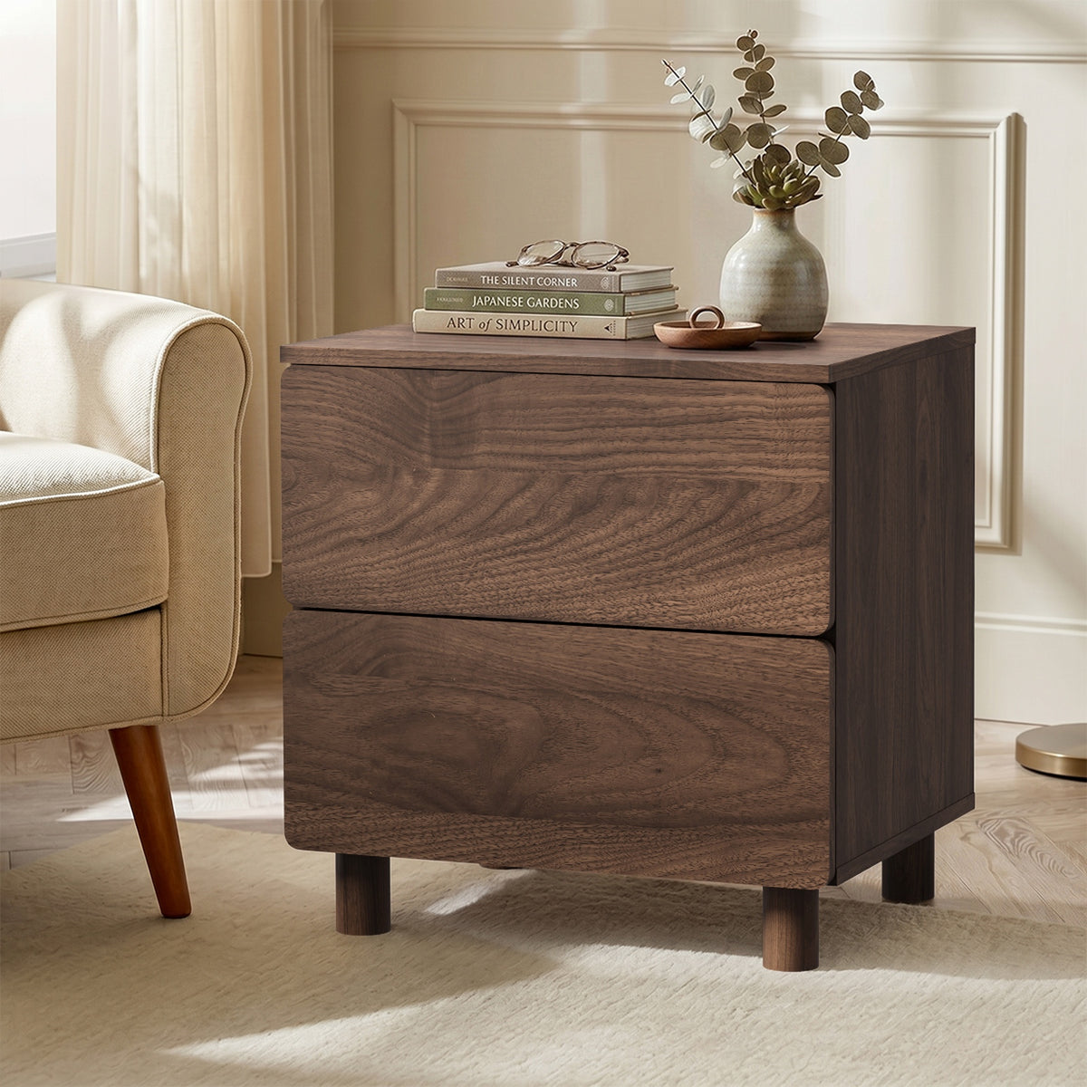 Oikiture Bedside Table Nightstand 2 Drawer Side Storage Handle-free Walnut