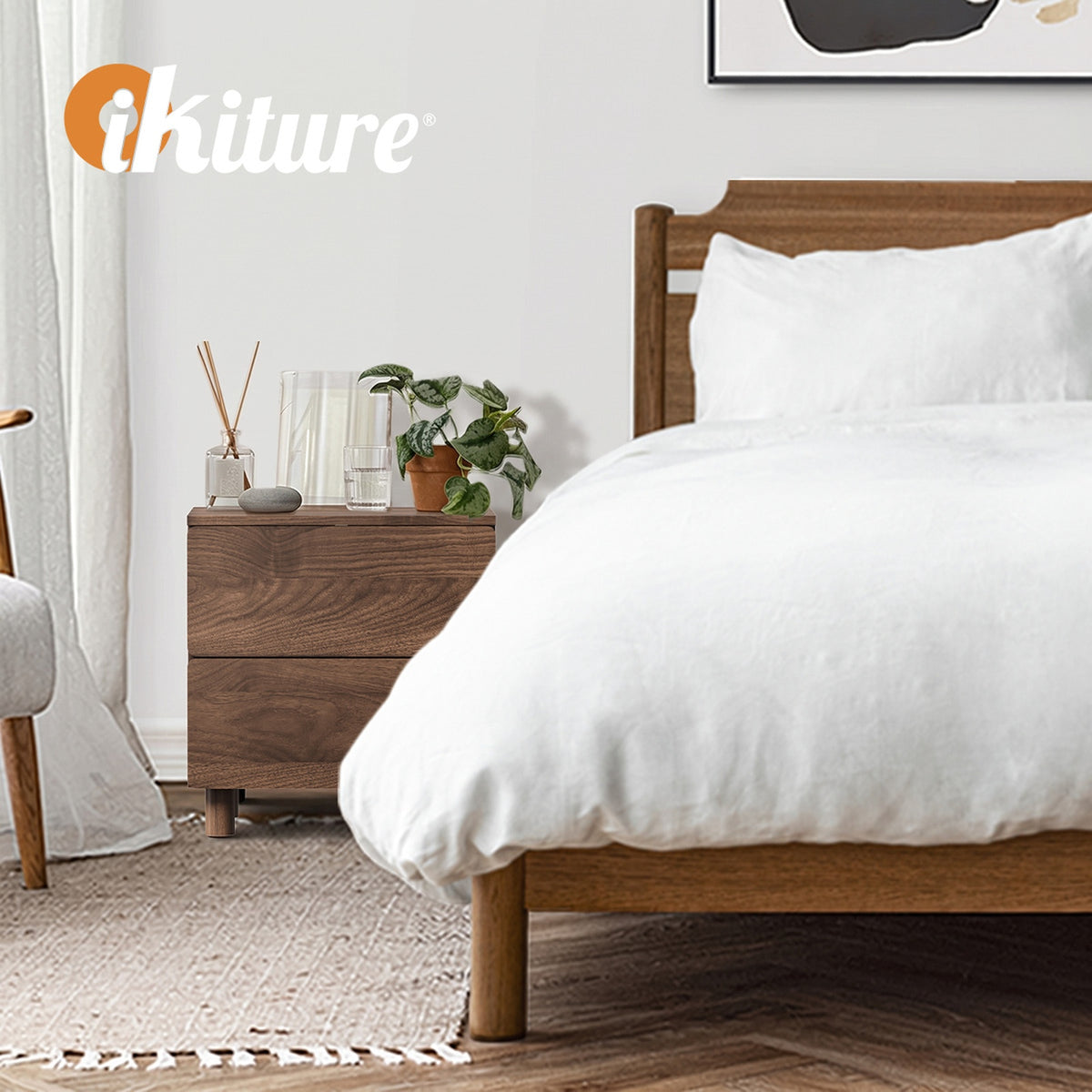 Oikiture Bedside Table Nightstand 2 Drawer Side Storage Handle-free Walnut