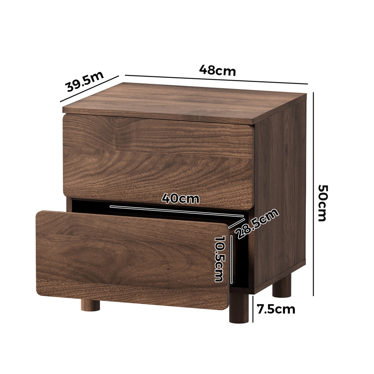 Oikiture Bedside Table Nightstand 2 Drawer Side Storage Handle-free Walnut