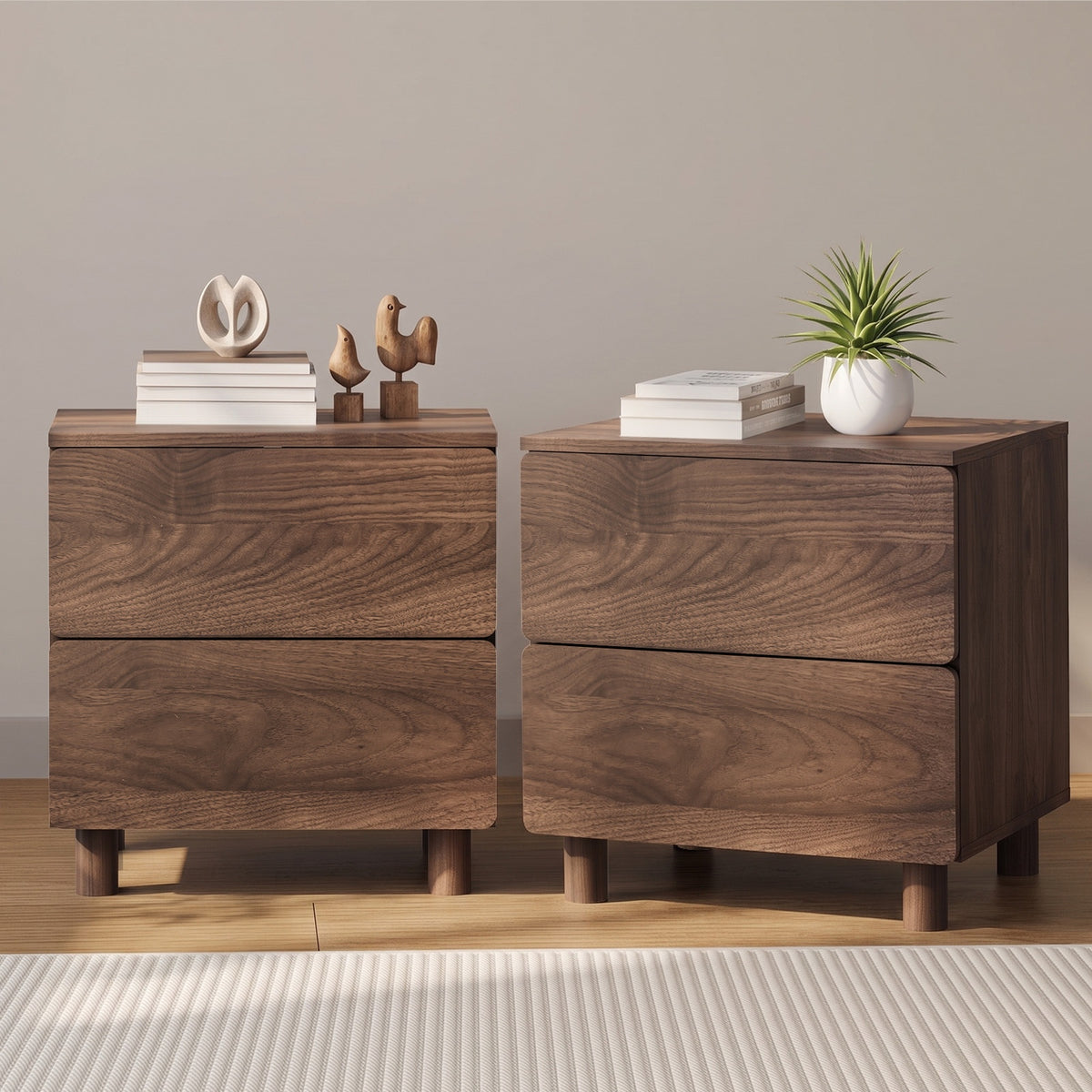 Oikiture 2pc Bedside Table Nightstand 2 Drawer Side Storage Handle-free Walnut