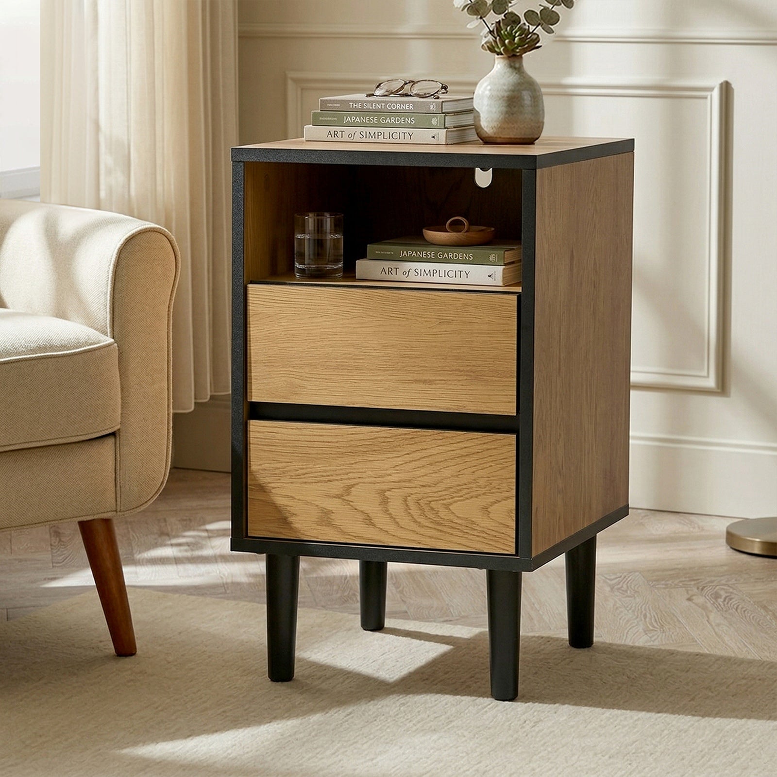 Oikiture Bedside Table 2 Drawers Shelf Side End Table Nightstand Natural