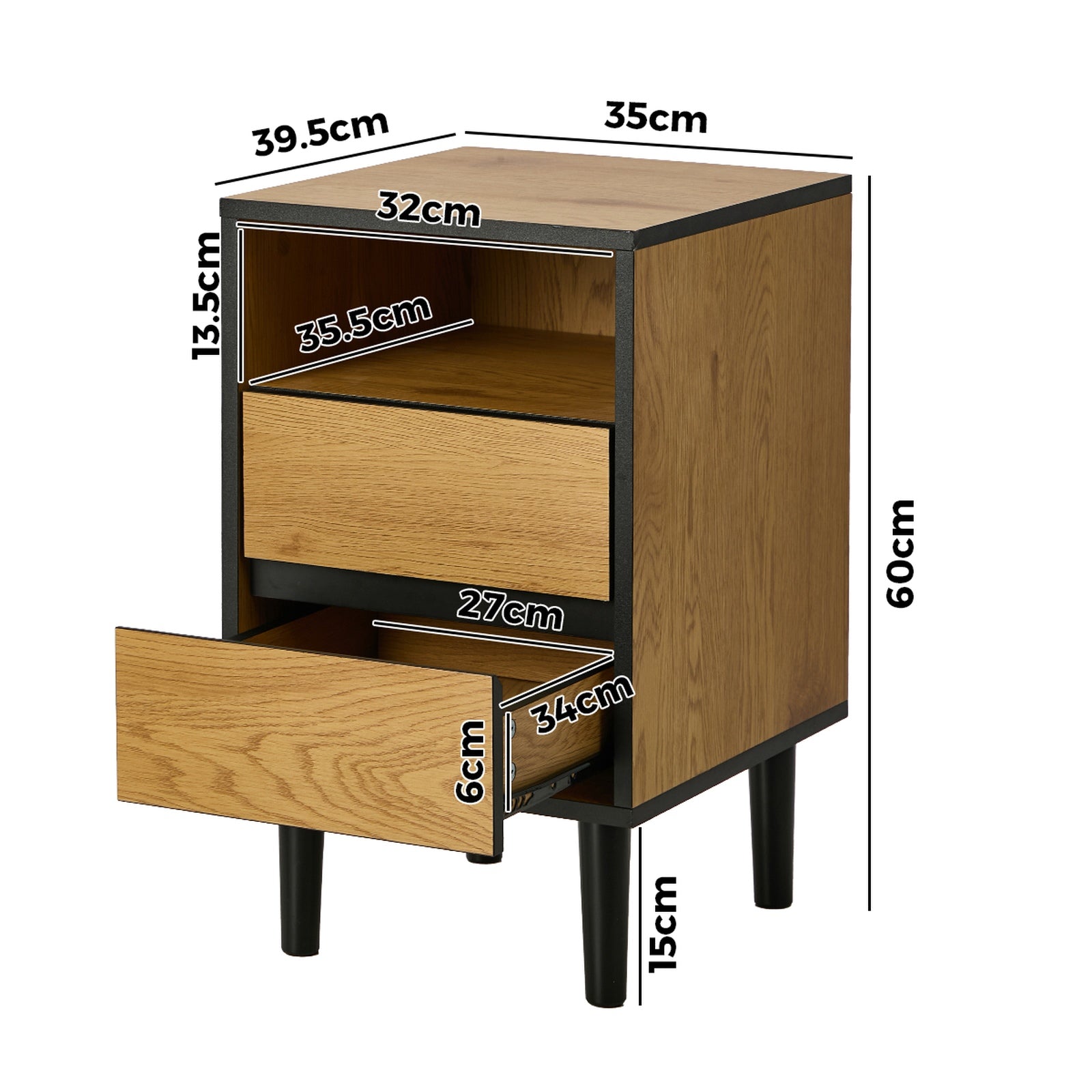 Oikiture Bedside Table 2 Drawers Shelf Side End Table Nightstand Natural