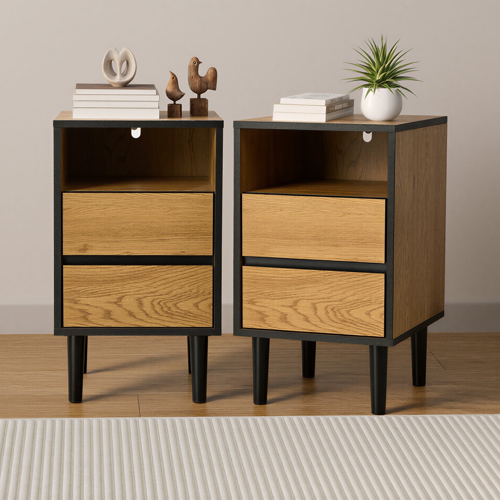 Oikiture 2pc Bedside Tables 2 Drawers Shelf Side End Table Nightstand Natural