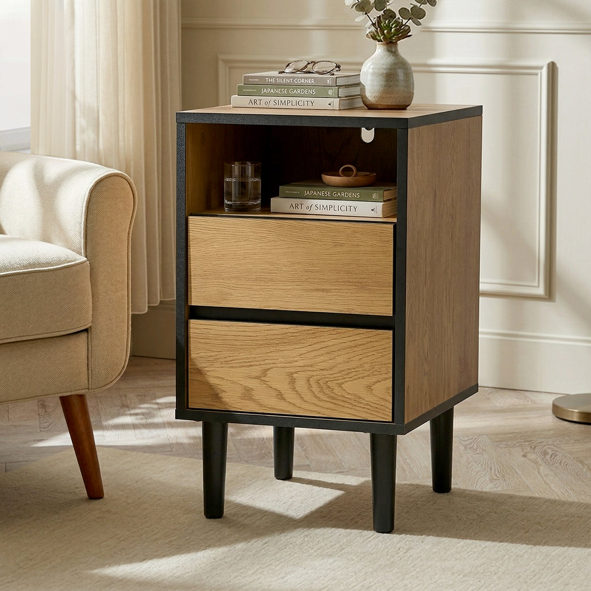 Oikiture 2pc Bedside Tables 2 Drawers Shelf Side End Table Nightstand Natural