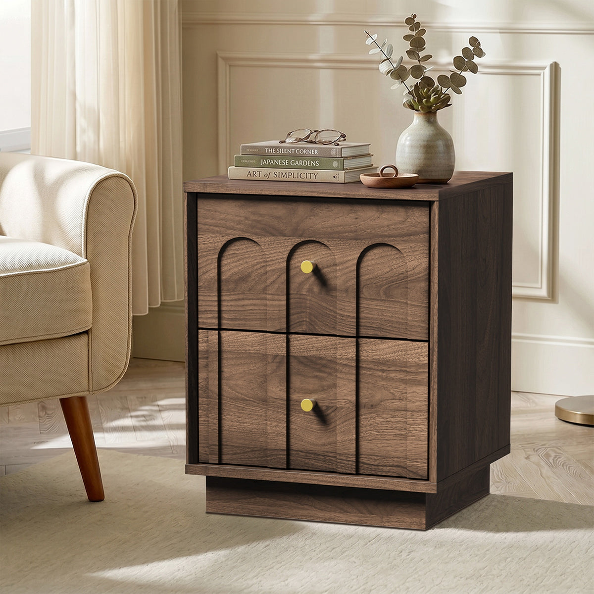 Oikiture Bedside Table 2 Drawer Storage Side End Cabinet Metal Handle Walnut