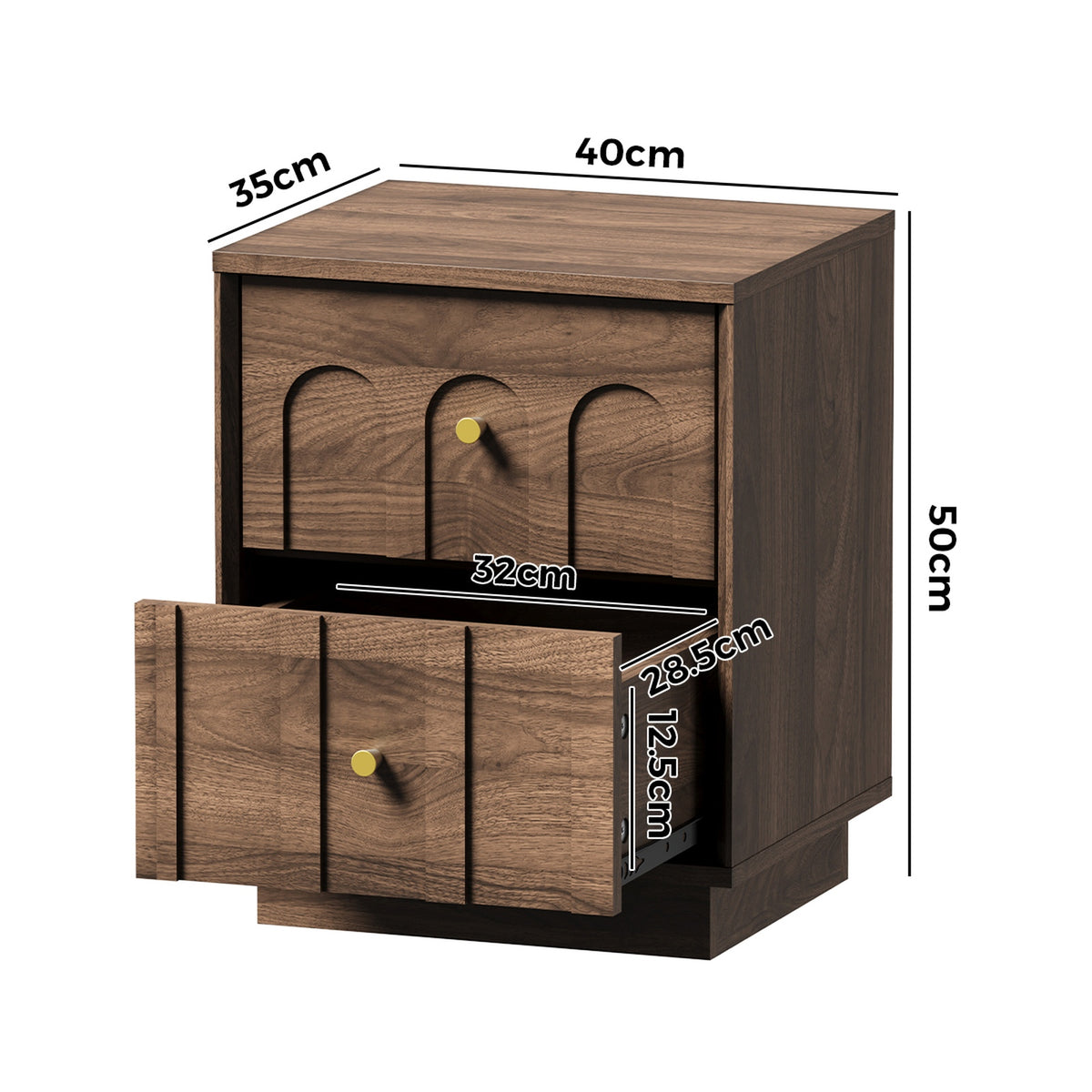 Oikiture Bedside Table 2 Drawer Storage Side End Cabinet Metal Handle Walnut