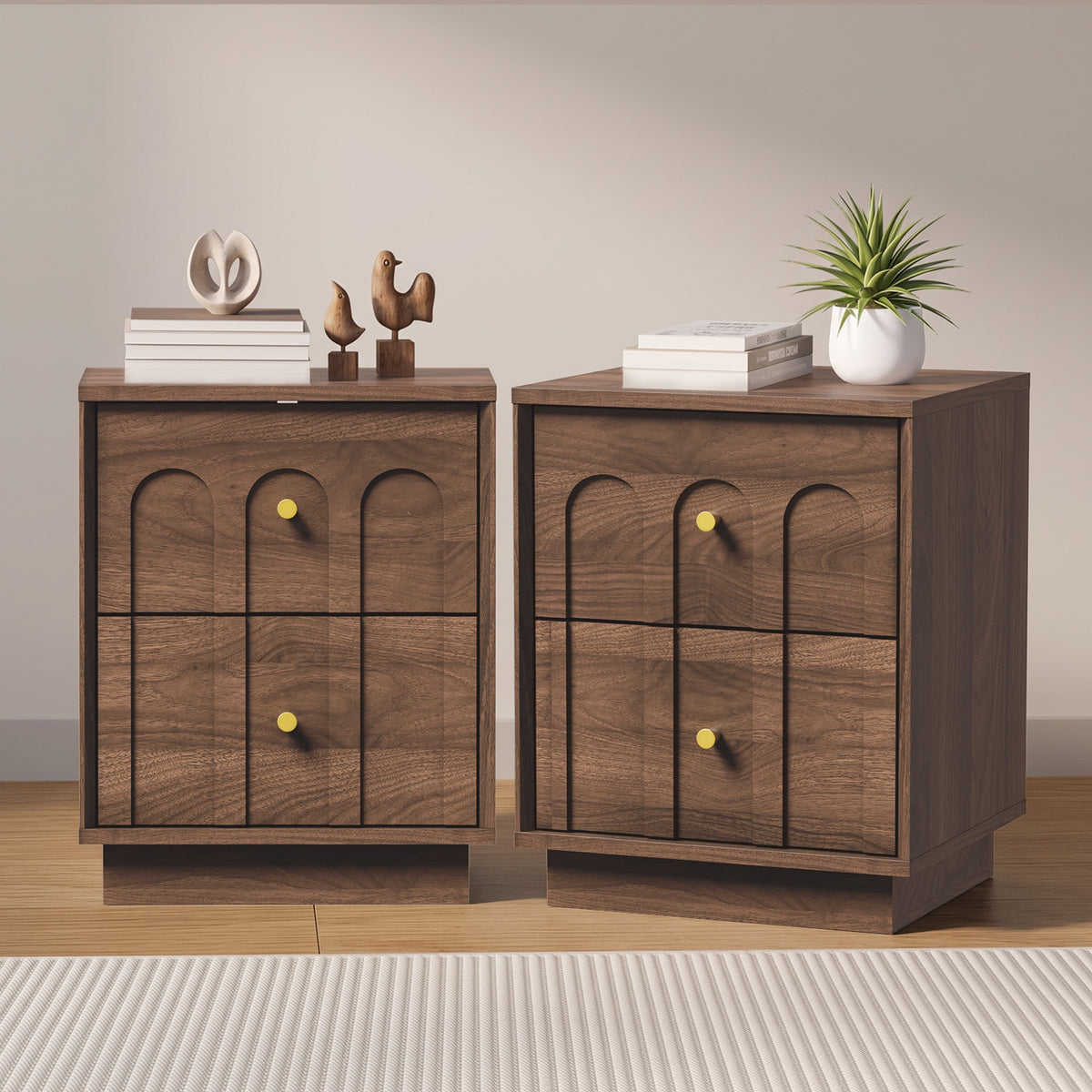 Oikiture 2pc Bedside Table 2 Drawer Storage Side End Cabinet Metal Handle Walnut