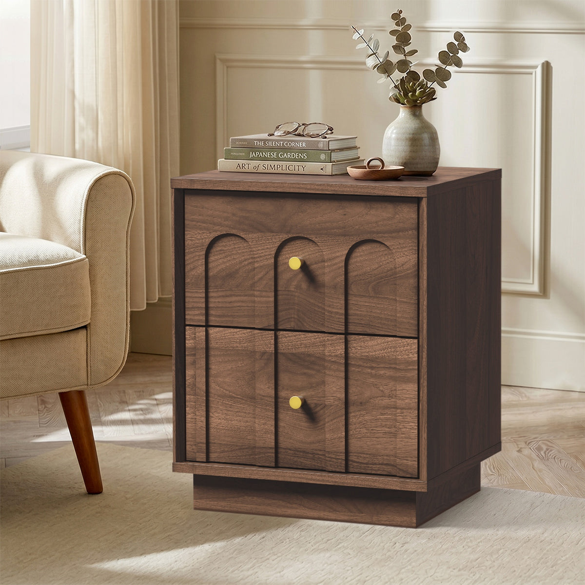 Oikiture 2pc Bedside Table 2 Drawer Storage Side End Cabinet Metal Handle Walnut