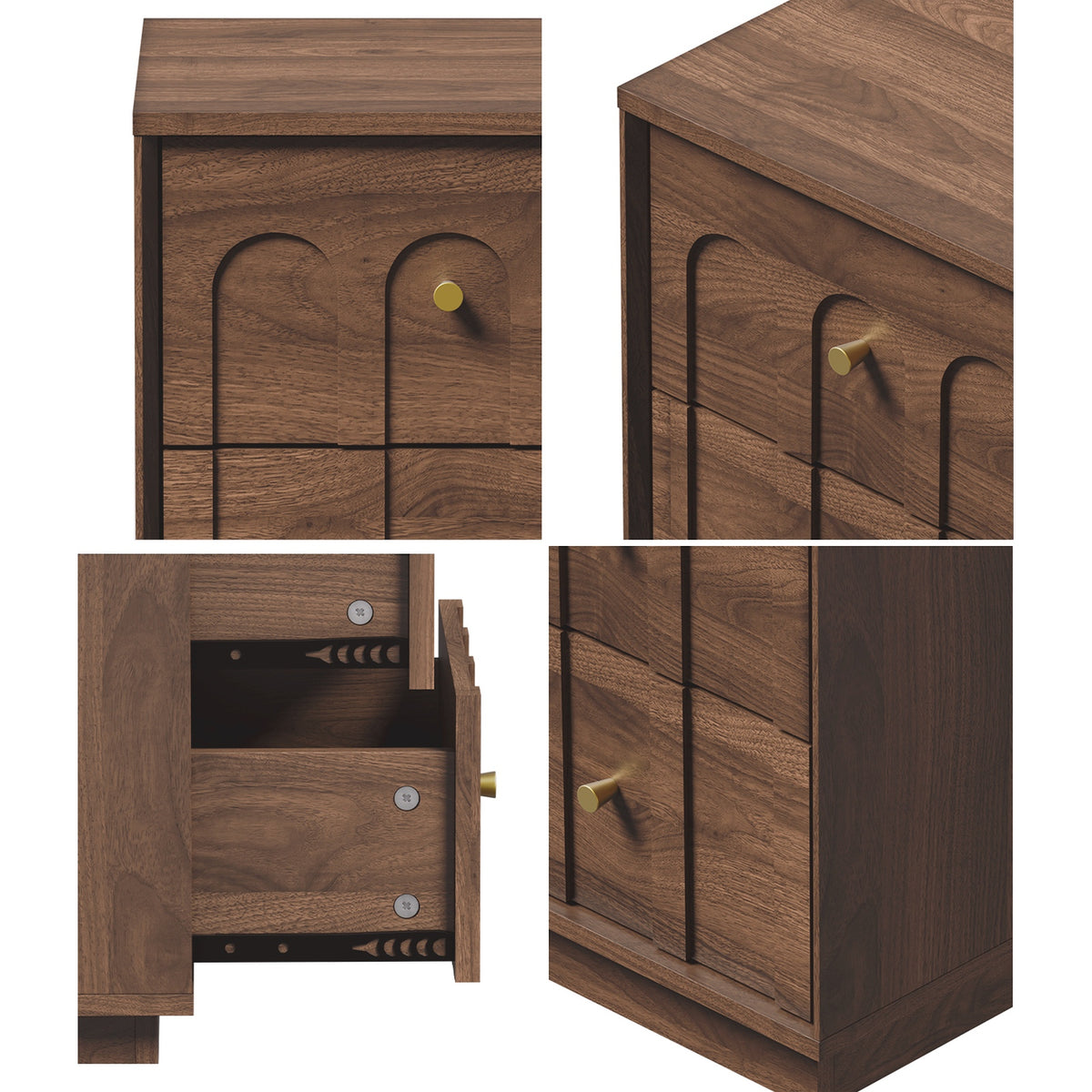 Oikiture 2pc Bedside Table 2 Drawer Storage Side End Cabinet Metal Handle Walnut