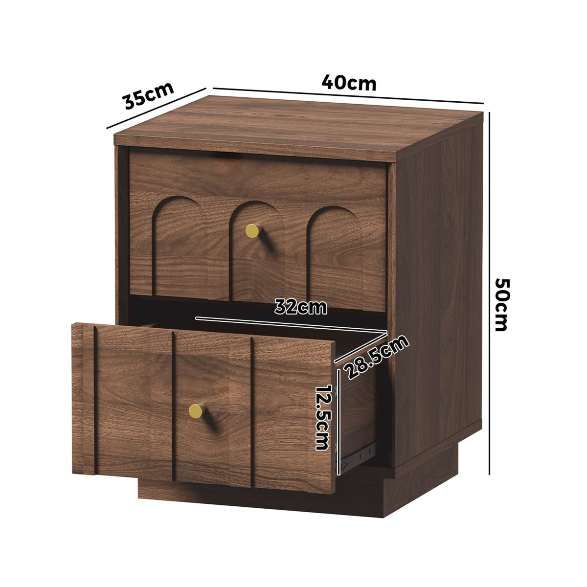 Oikiture 2pc Bedside Table 2 Drawer Storage Side End Cabinet Metal Handle Walnut