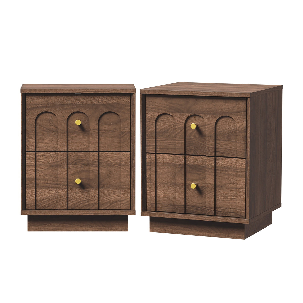 Oikiture 2pc Bedside Table 2 Drawer Storage Side End Cabinet Metal Handle Walnut