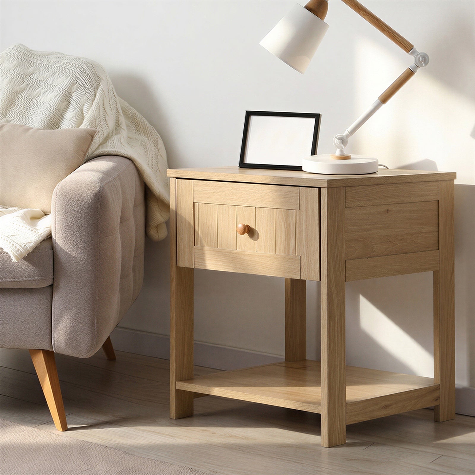 Oikiture Bedside Table Side End 1 Drawer Storage Shelf Nightstand Natural