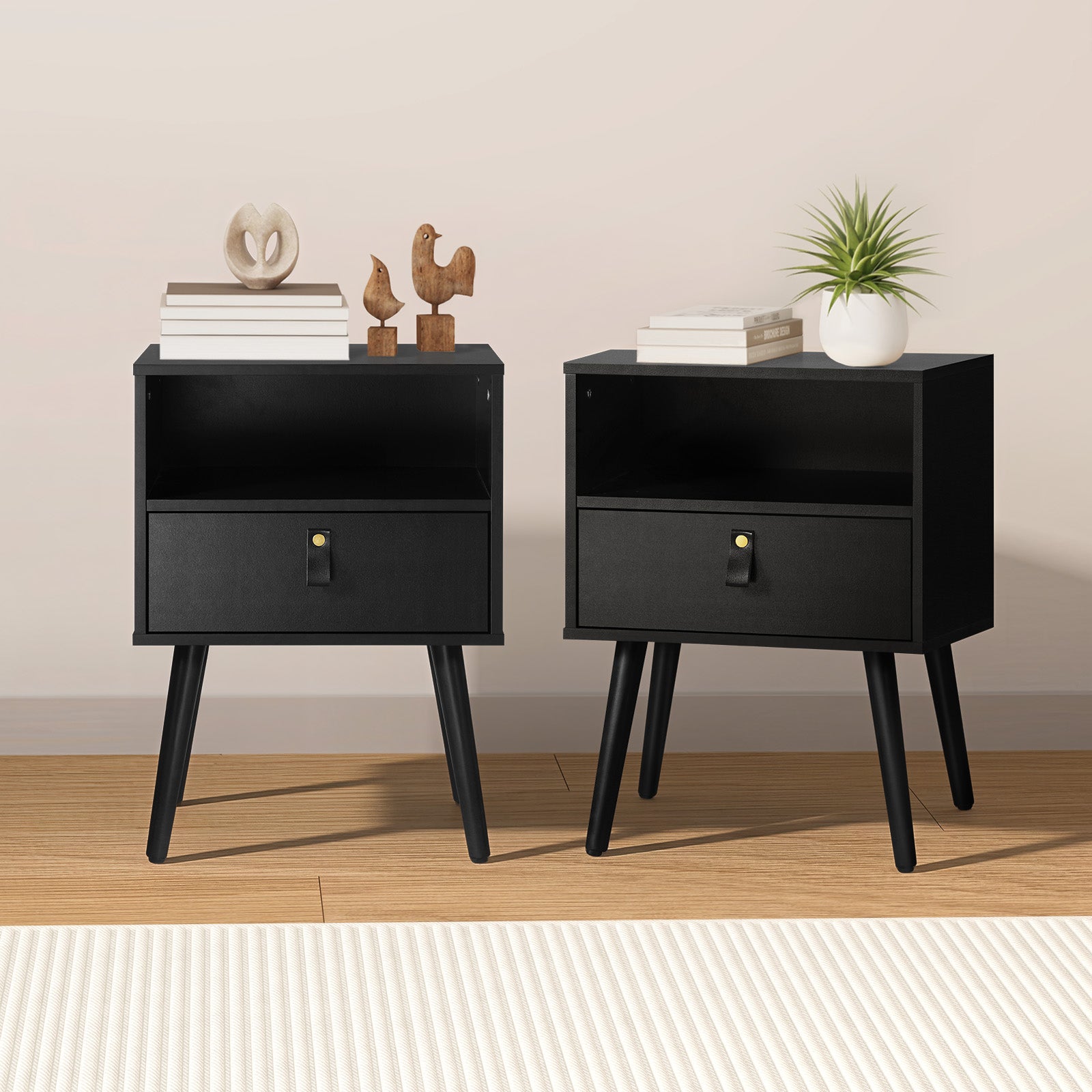 Oikiture 2 X Bedside Tables Side Table w/ Leather Handle Black - Sunyee