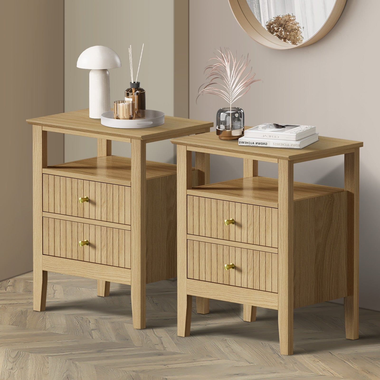 Oikiture 2x Bedside Table 2 Drawers Side End Table Open Shelf Nightstand Natural - Sunyee