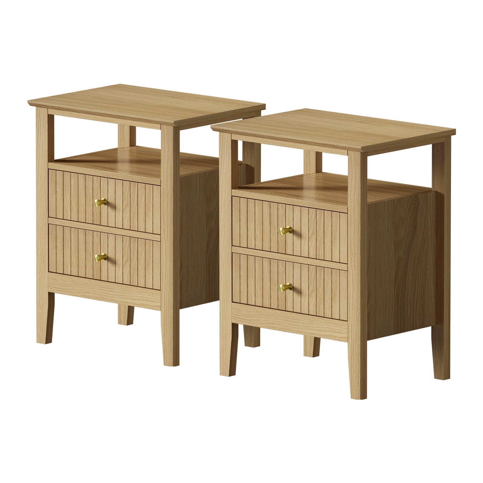 Oikiture 2x Bedside Table 2 Drawers Side End Table Open Shelf Nightstand Natural - Sunyee