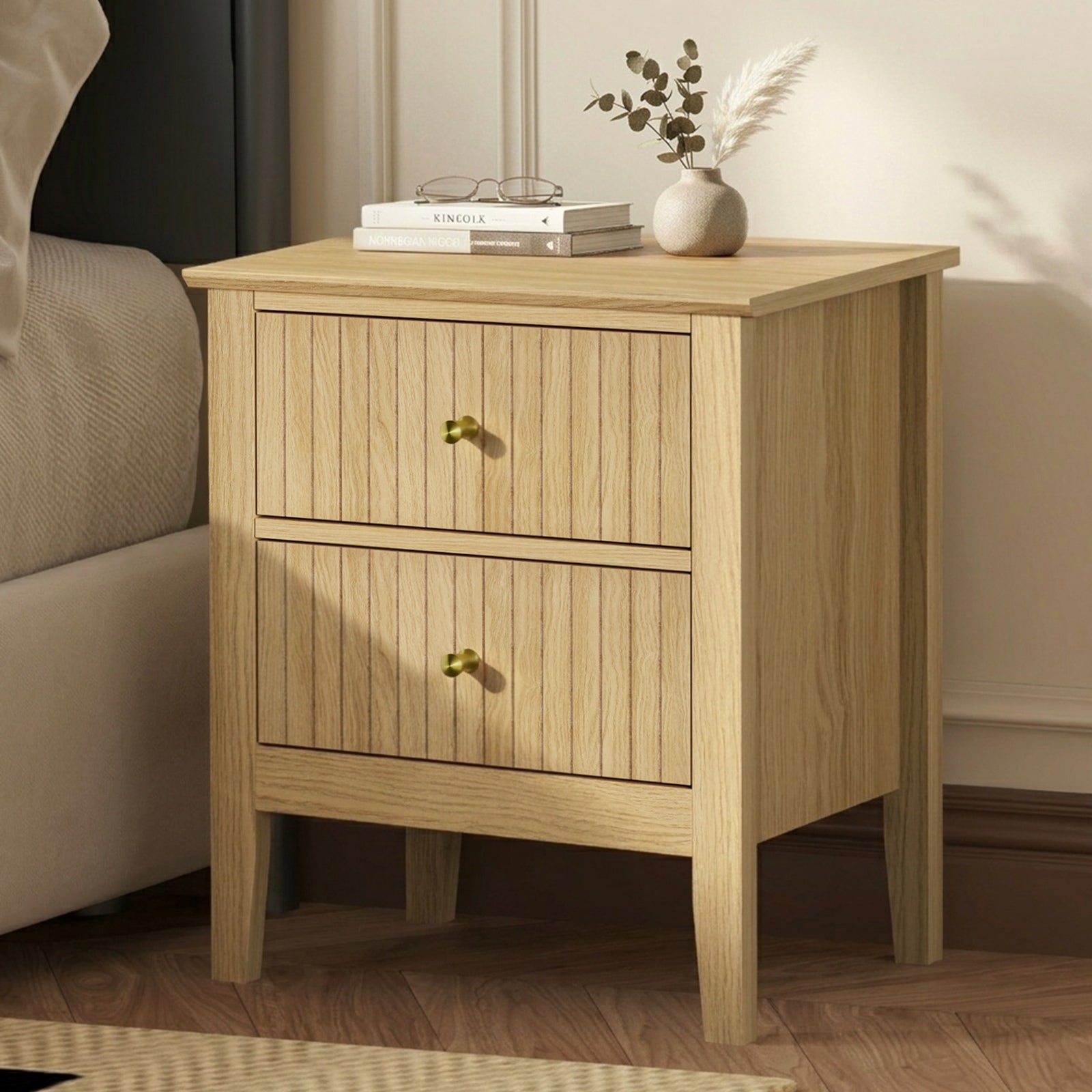 Oikiture Bedside Table 2 Drawers Nightstand Cabinet Gold Handle Natural