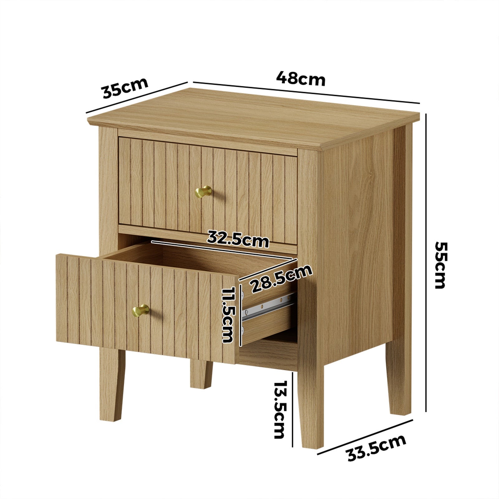 Oikiture Bedside Table 2 Drawers Nightstand Cabinet Gold Handle Natural