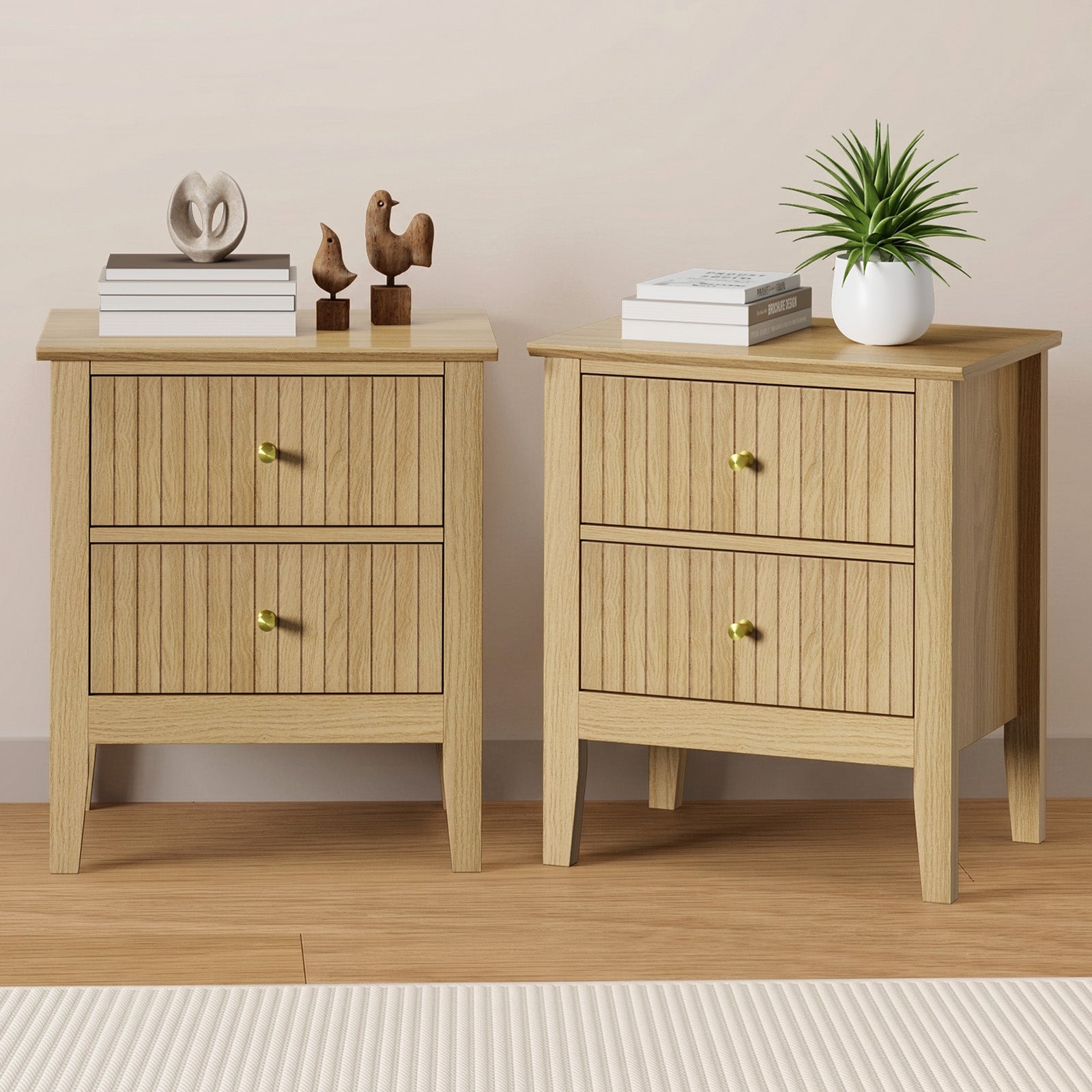 Oikiture 2pc Bedside Table 2 Drawers Nightstand Cabinet Gold Handle Natural