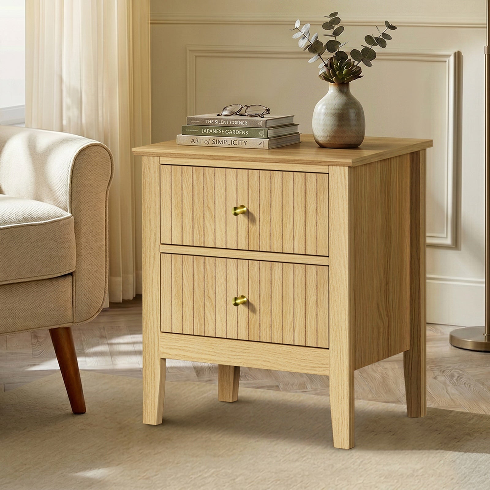 Oikiture 2pc Bedside Table 2 Drawers Nightstand Cabinet Gold Handle Natural