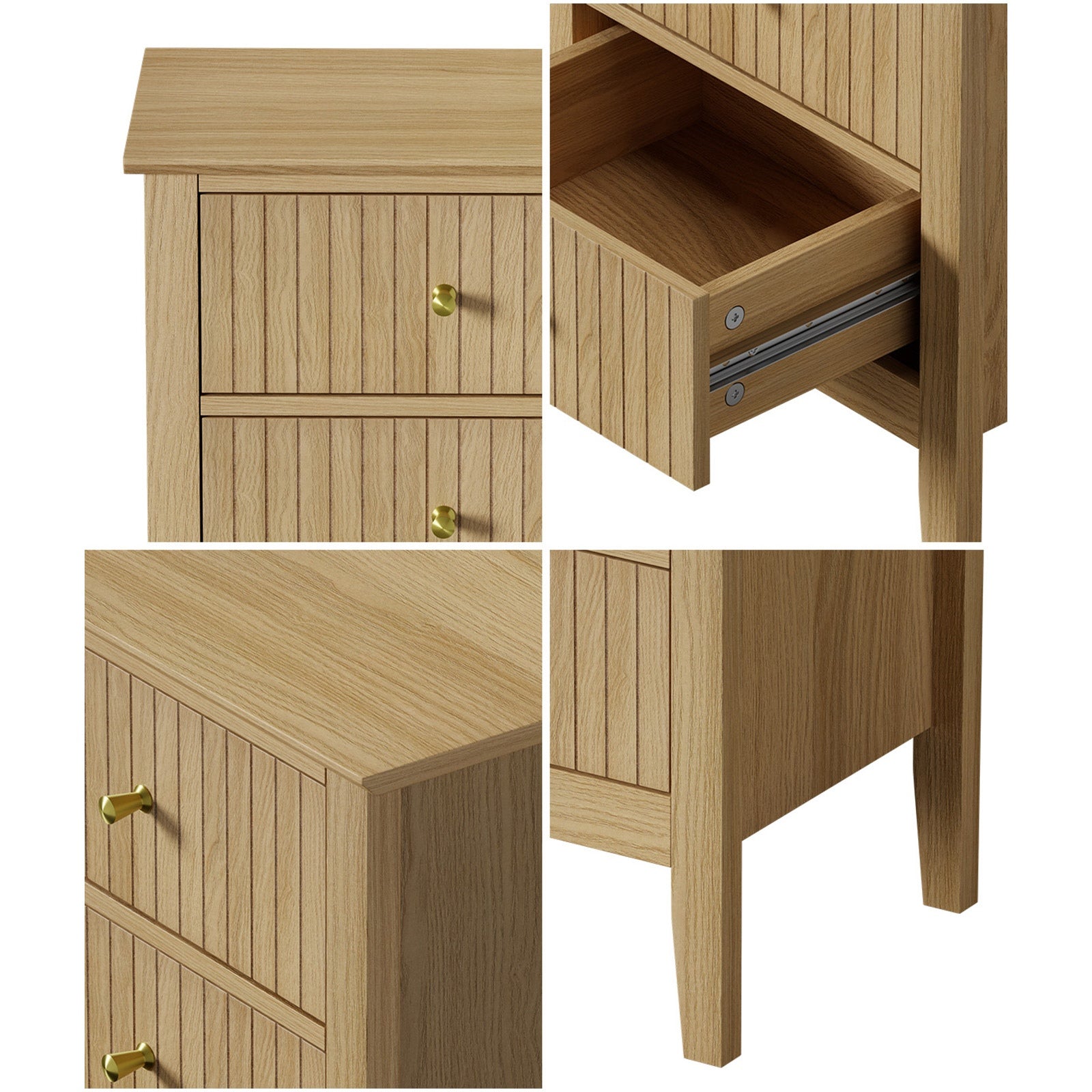 Oikiture 2pc Bedside Table 2 Drawers Nightstand Cabinet Gold Handle Natural