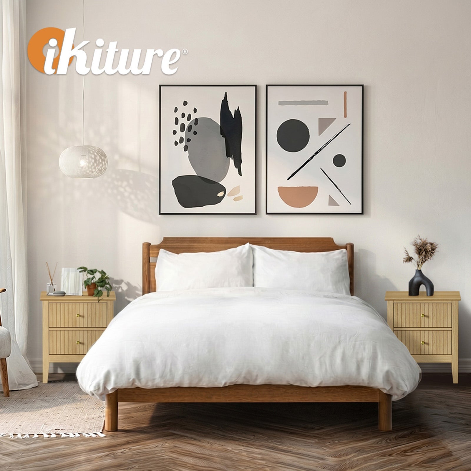Oikiture 2pc Bedside Table 2 Drawers Nightstand Cabinet Gold Handle Natural