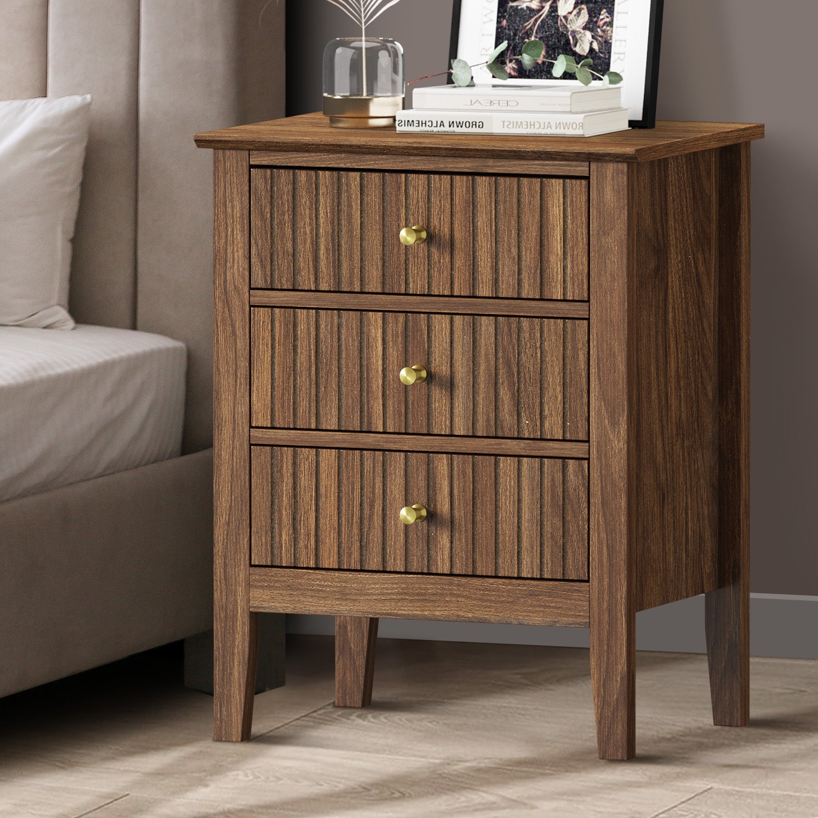 Oikiture Bedside Table 3 Drawers Side End Storage Furniture Nightstand Walnut - Sunyee