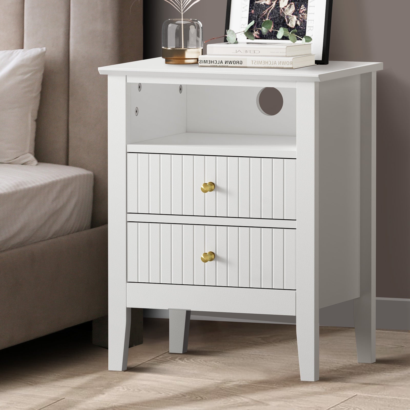 Oikiture Bedside Table Nightstand 2 Drawer with Shelf Storage Cabinet - Sunyee