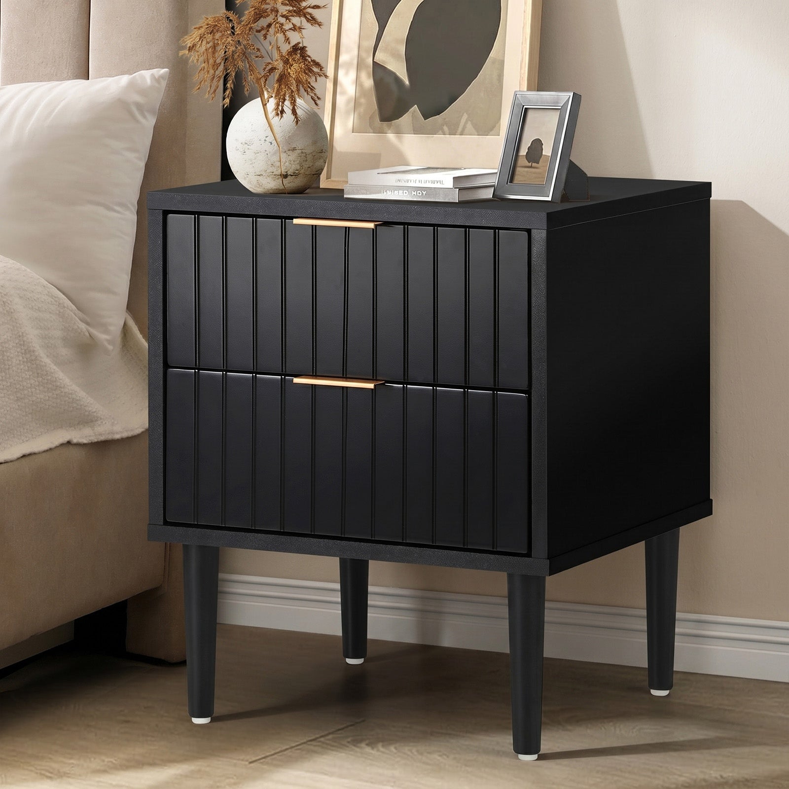 Oikiture Bedside Table 2 Drawers Side Storage Cabinet Metal Handle Black