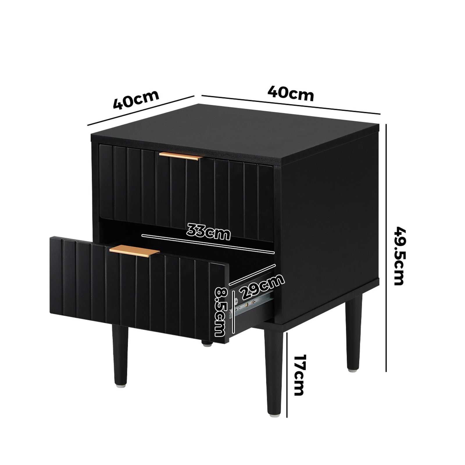 Oikiture Bedside Table 2 Drawers Side Storage Cabinet Metal Handle Black