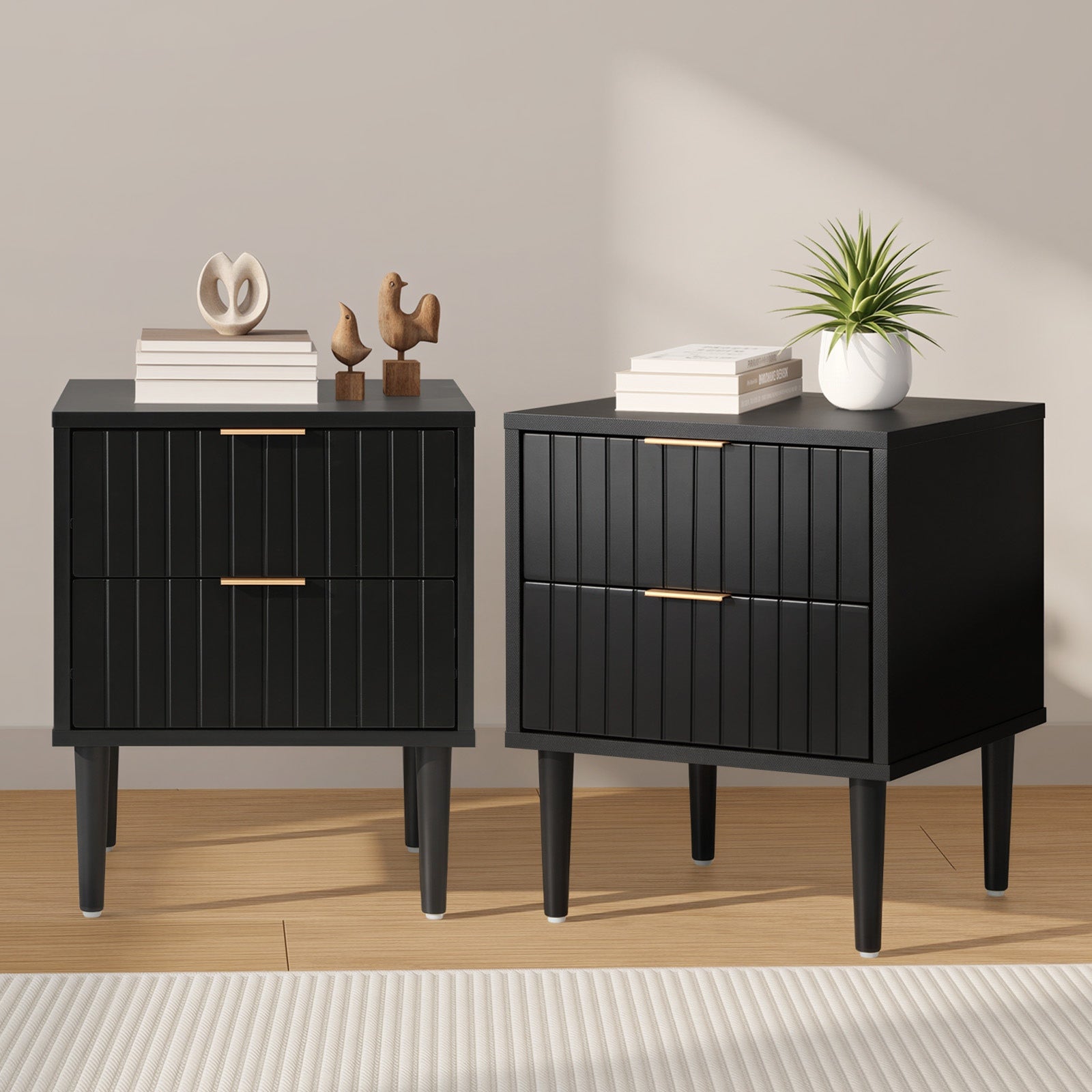 Oikiture 2pc Bedside Table 2 Drawers Side Storage Cabinet Metal Handle Black