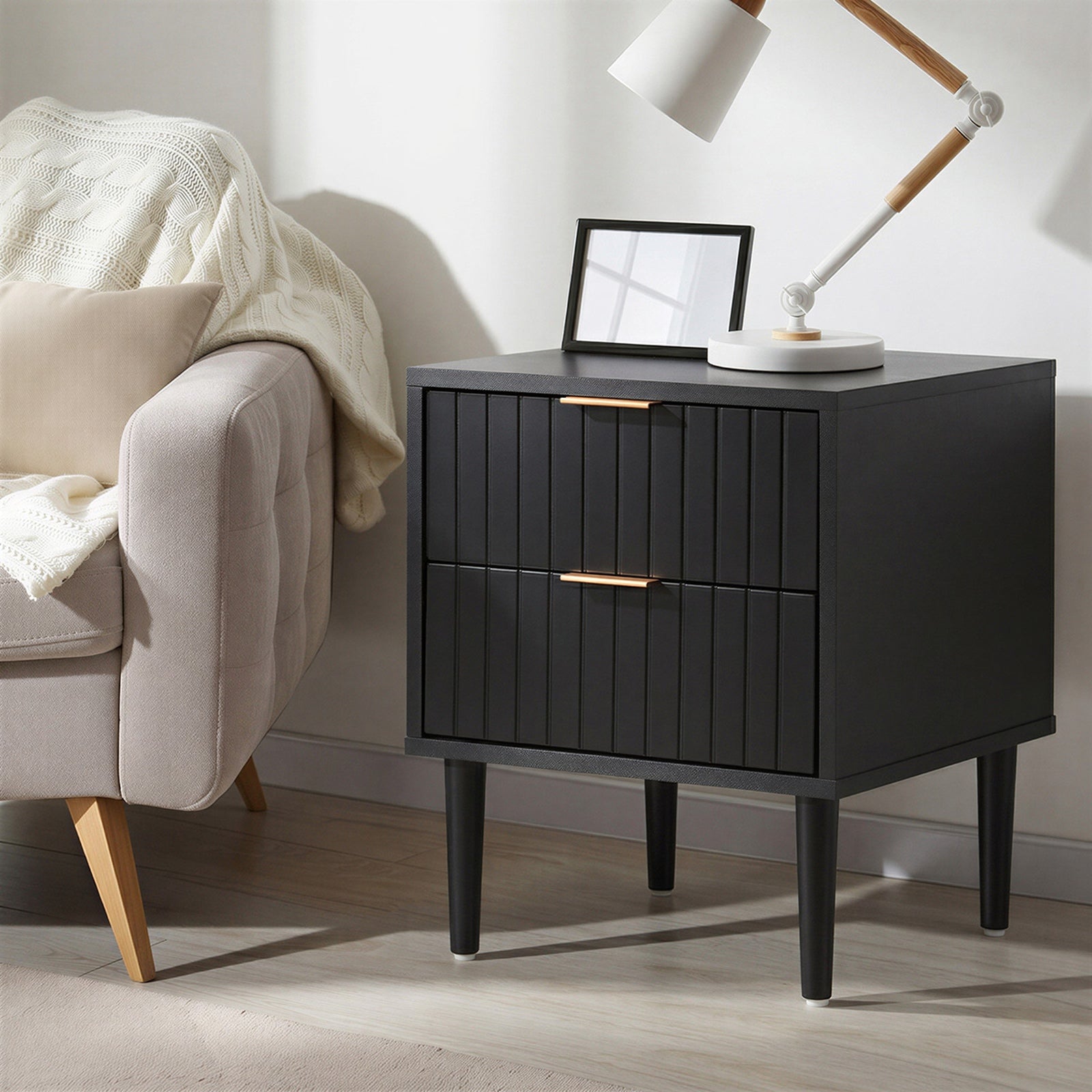 Oikiture 2pc Bedside Table 2 Drawers Side Storage Cabinet Metal Handle Black