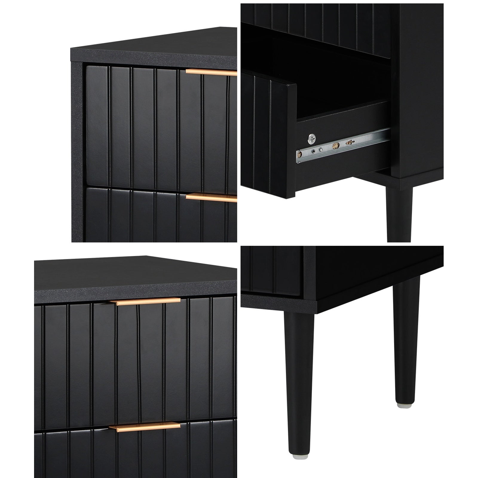 Oikiture 2pc Bedside Table 2 Drawers Side Storage Cabinet Metal Handle Black
