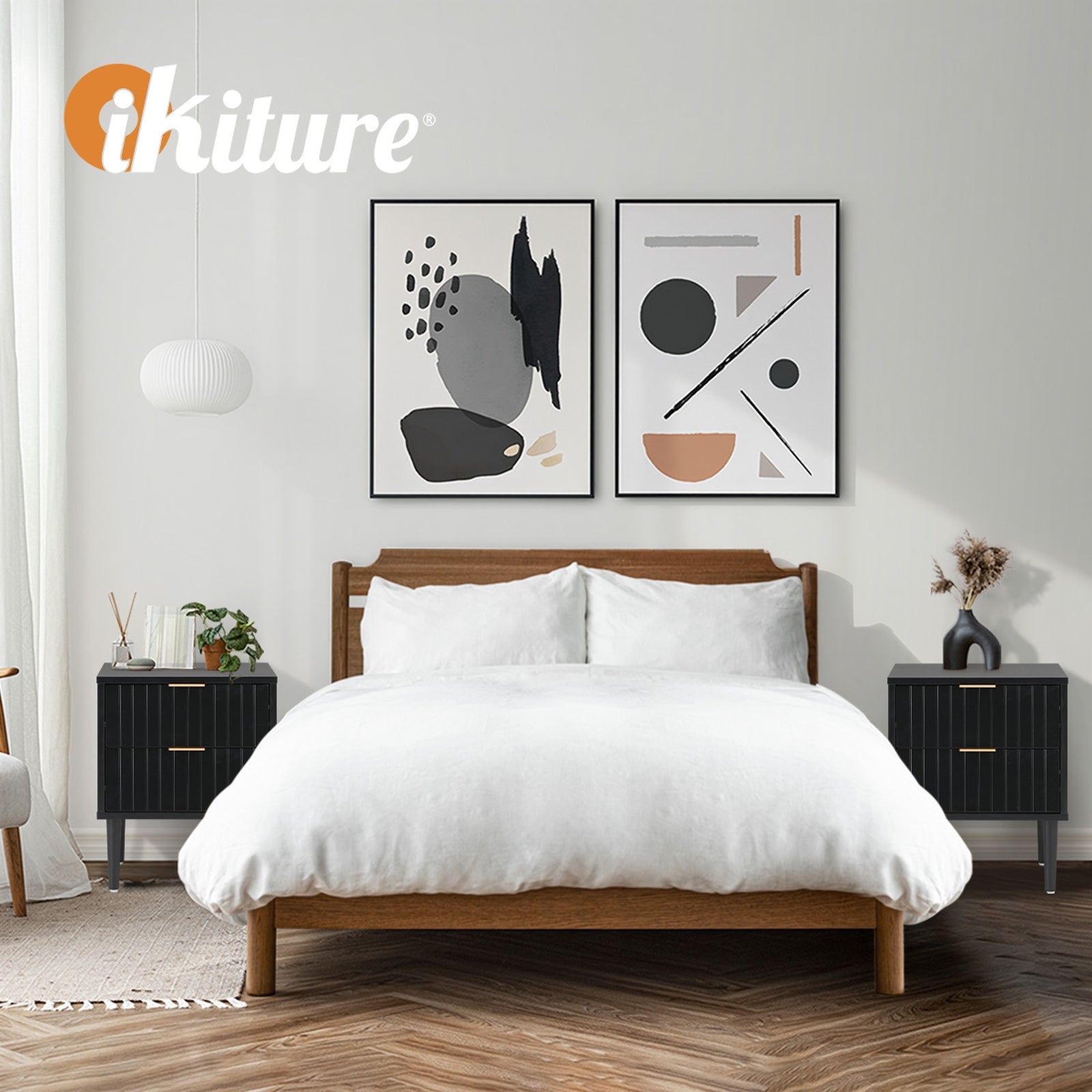 Oikiture 2pc Bedside Table 2 Drawers Side Storage Cabinet Metal Handle Black