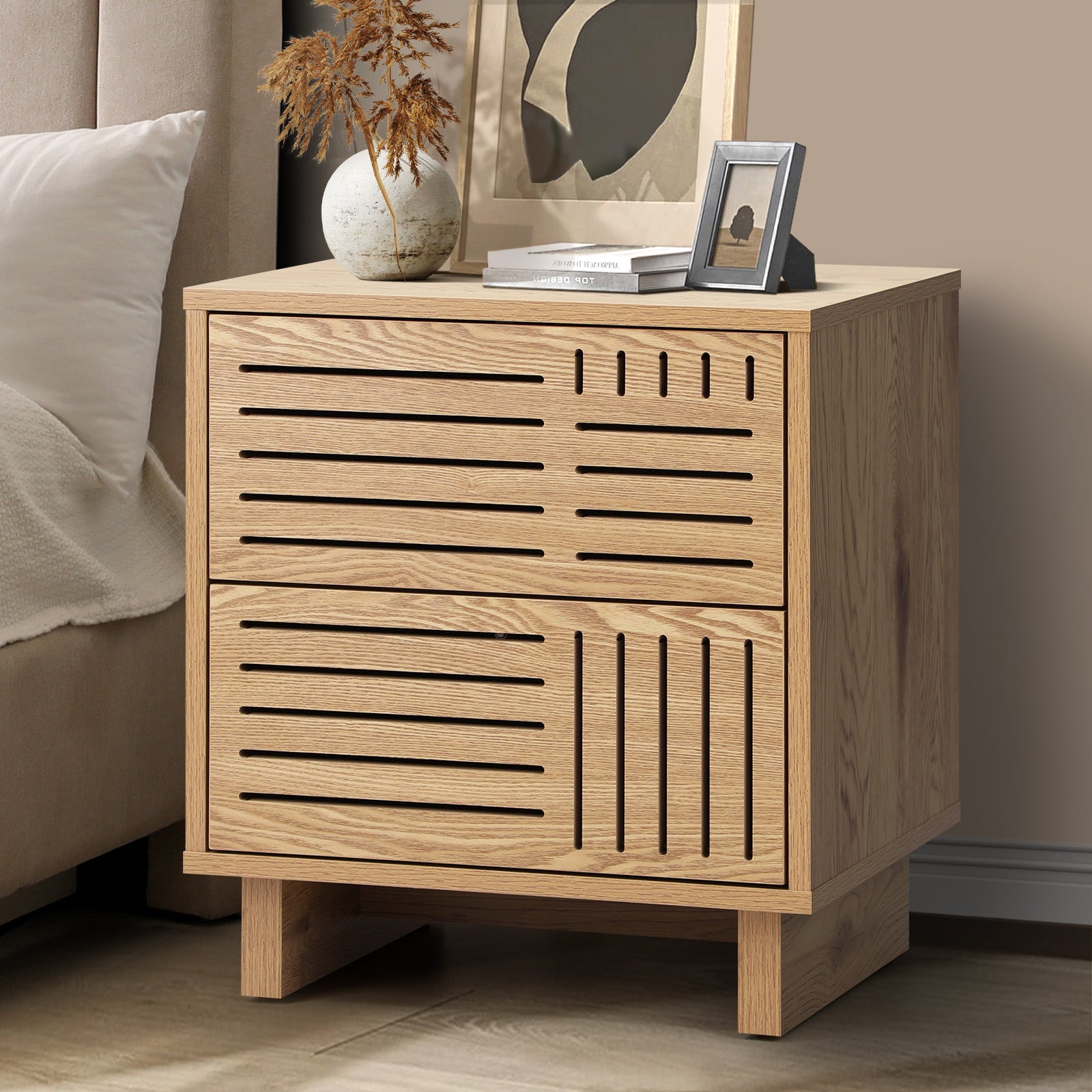 Oikiture Bedside Table 2 Drawers Side Tables Nightstand Storage Cabinet Natural - Sunyee