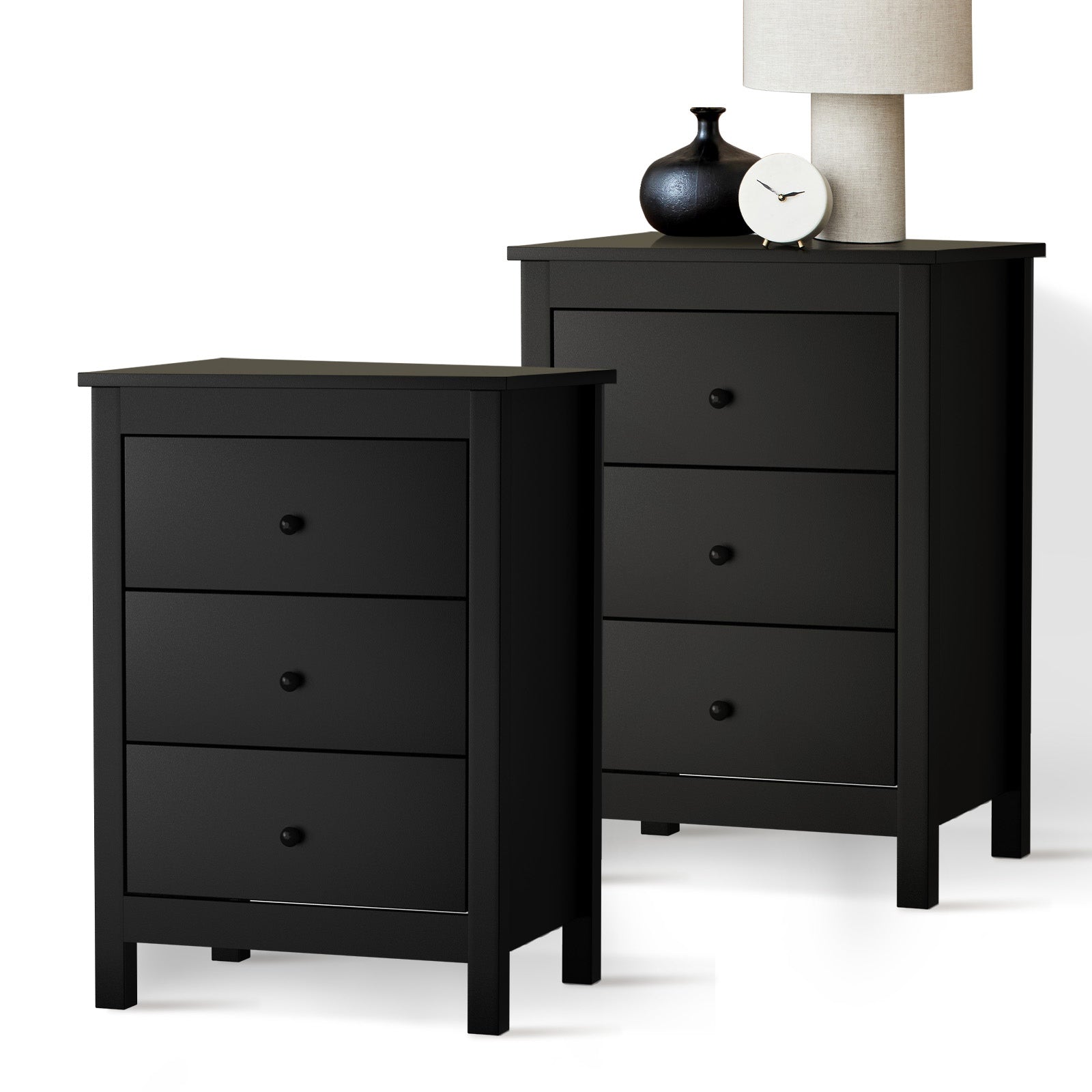Oikiture Bedside Tables Set of 2 Nightstands Storage Cabinet 3 Drawers Black - Sunyee
