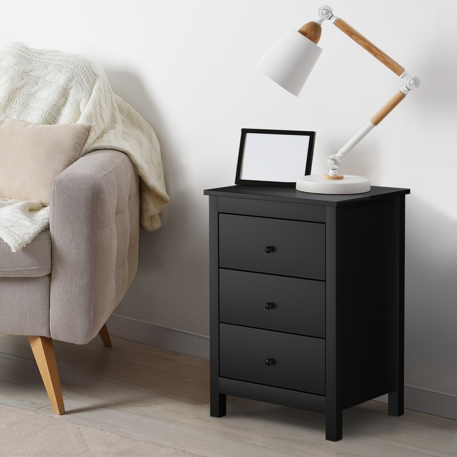 Oikiture Bedside Tables Set of 2 Nightstands Storage Cabinet 3 Drawers Black - Sunyee