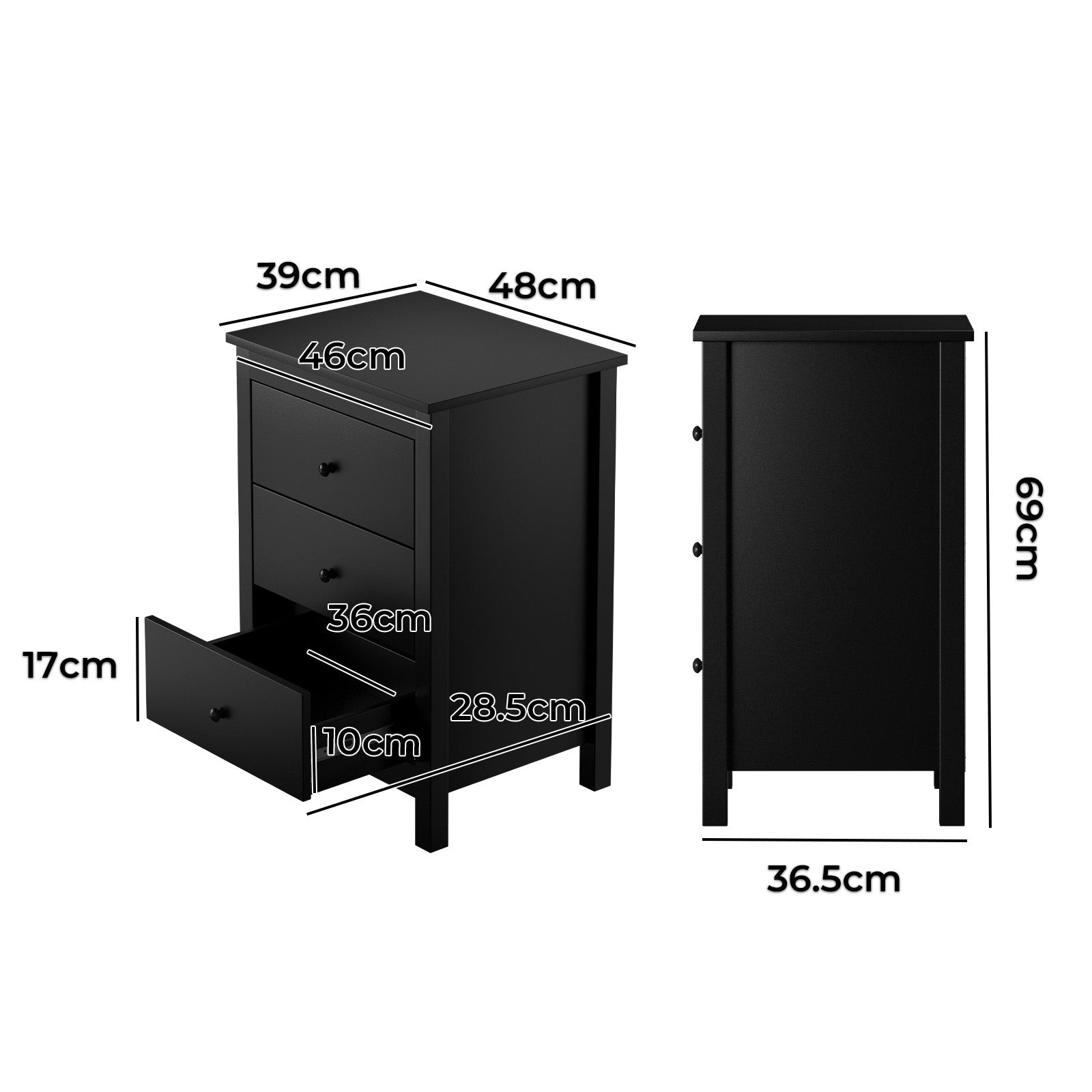 Oikiture Bedside Tables Set of 2 Nightstands Storage Cabinet 3 Drawers Black - Sunyee