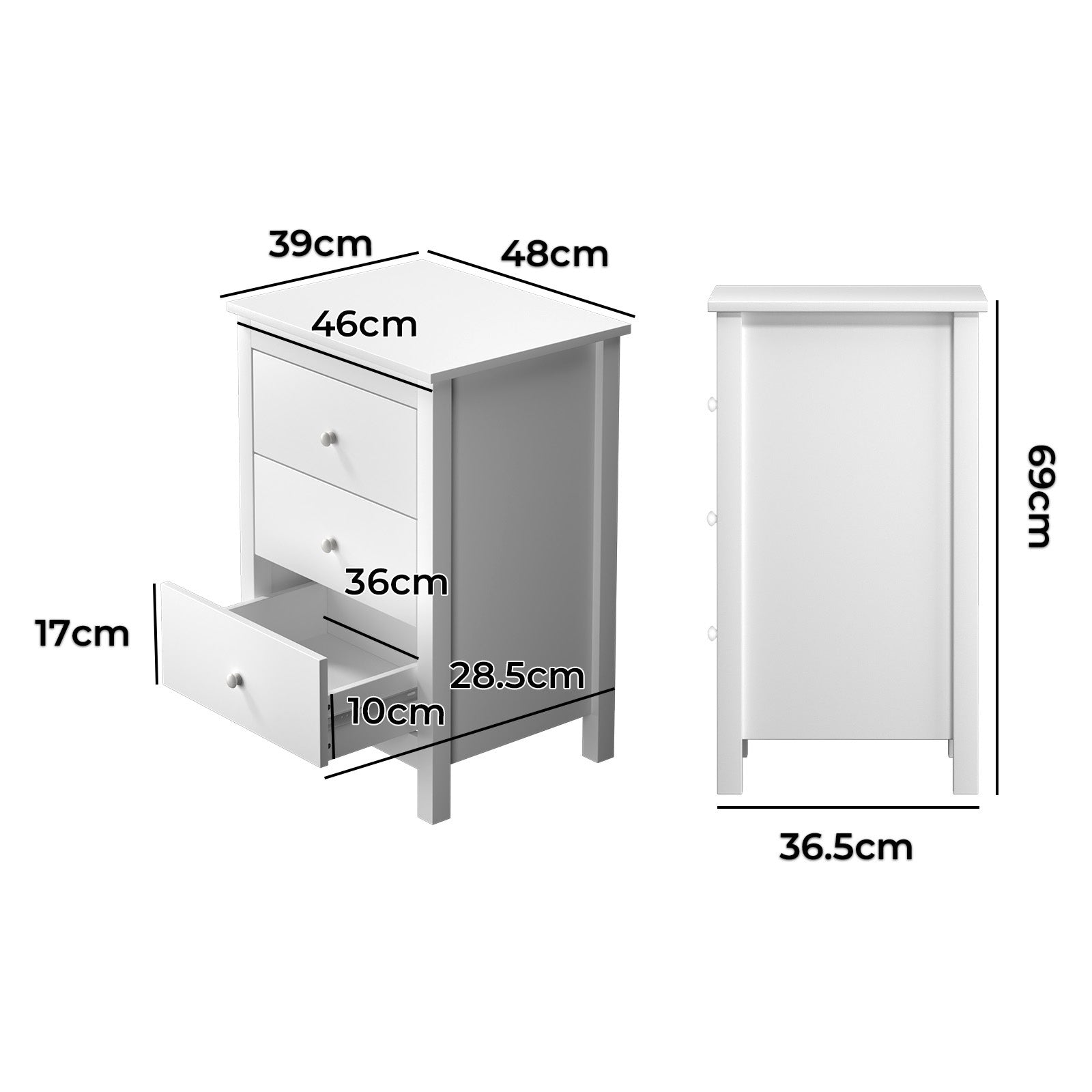 Oikiture Bedside Tables Set of 2 Nightstands Storage Cabinet 3 Drawers White - Sunyee