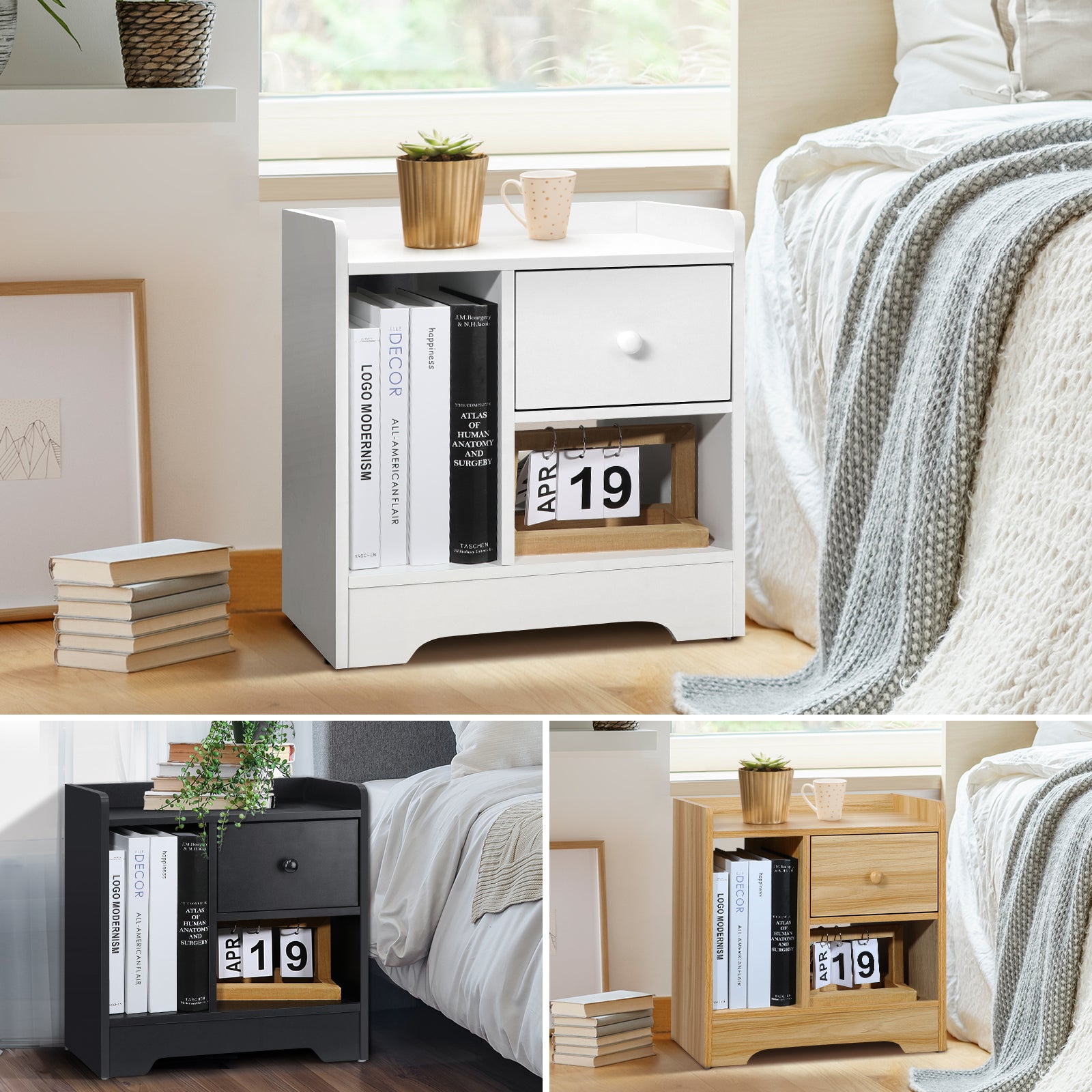 Oikiture Bedside Tables Side Table Nightstand Storage Drawer Shelf Bedroom Unit - Sunyee