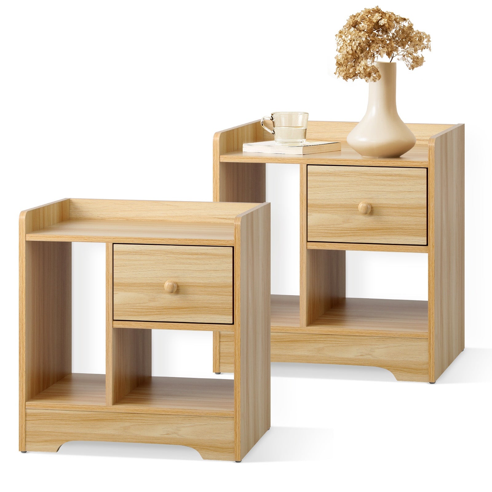 Oikiture Bedside Tables Set of 2 Side Table Nightstand Storage Shelf Natural - Sunyee