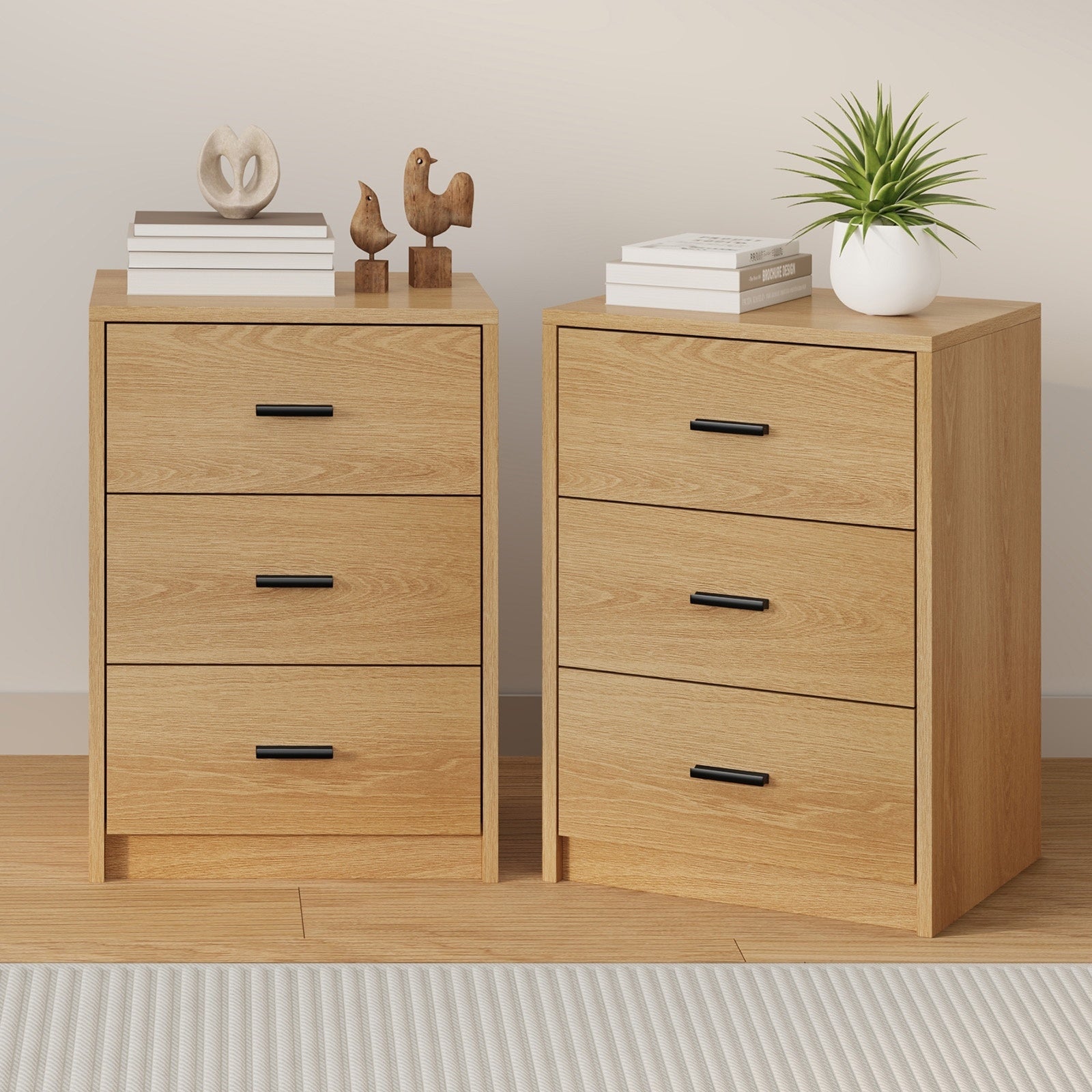 Oikiture 2x Bedside Table 3 Drawers Nightstand Bedroom Storage Side End Natural - Sunyee