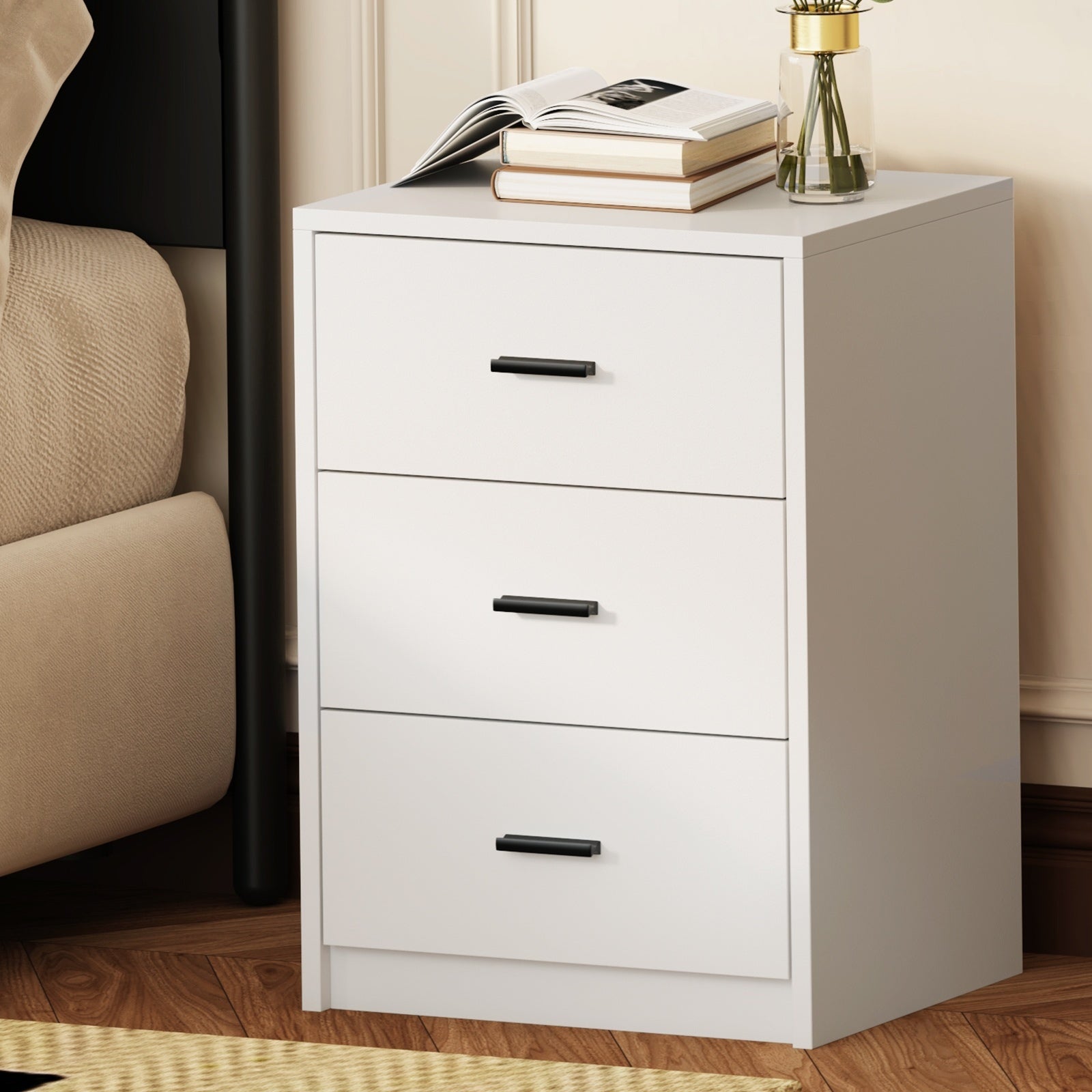 Oikiture Bedside Table 3 Drawers Nightstand Bedroom Storage Side End - Sunyee