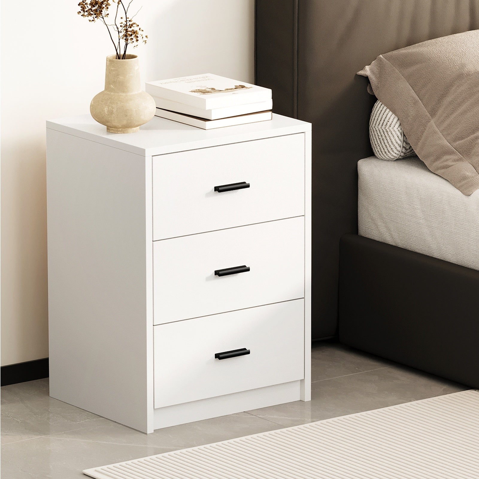 Oikiture Bedside Table 3 Drawers Nightstand Bedroom Storage Side End White - Sunyee