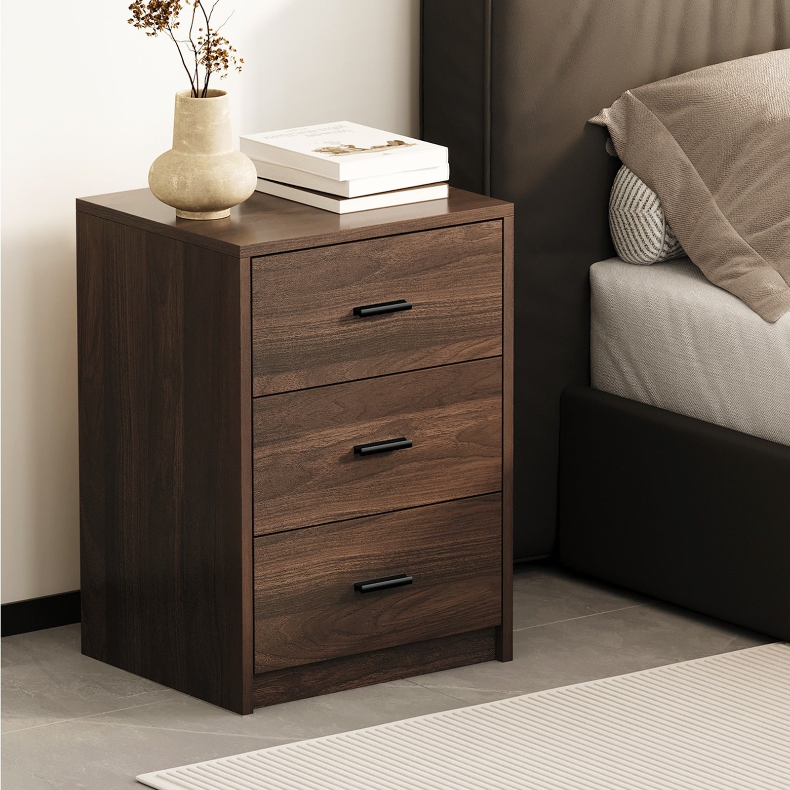 Oikiture Bedside Table 3 Drawers Nightstand Bedroom Storage Side End Walnut - Sunyee
